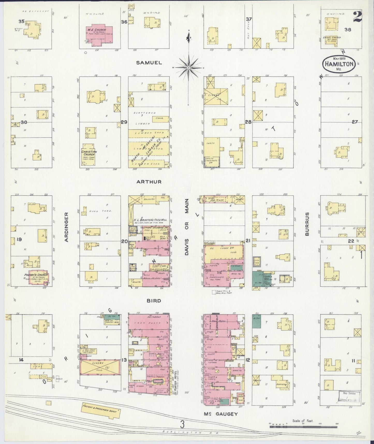 Sanborn Fire Insurance Map from Hamilton, Caldwell County, Missouri (1909), Sheet #0002 - Historic Sanborn Fire Insurance Map Print, vintage old map wall art, antique decor, genealogy gift, Missouri Missouri map