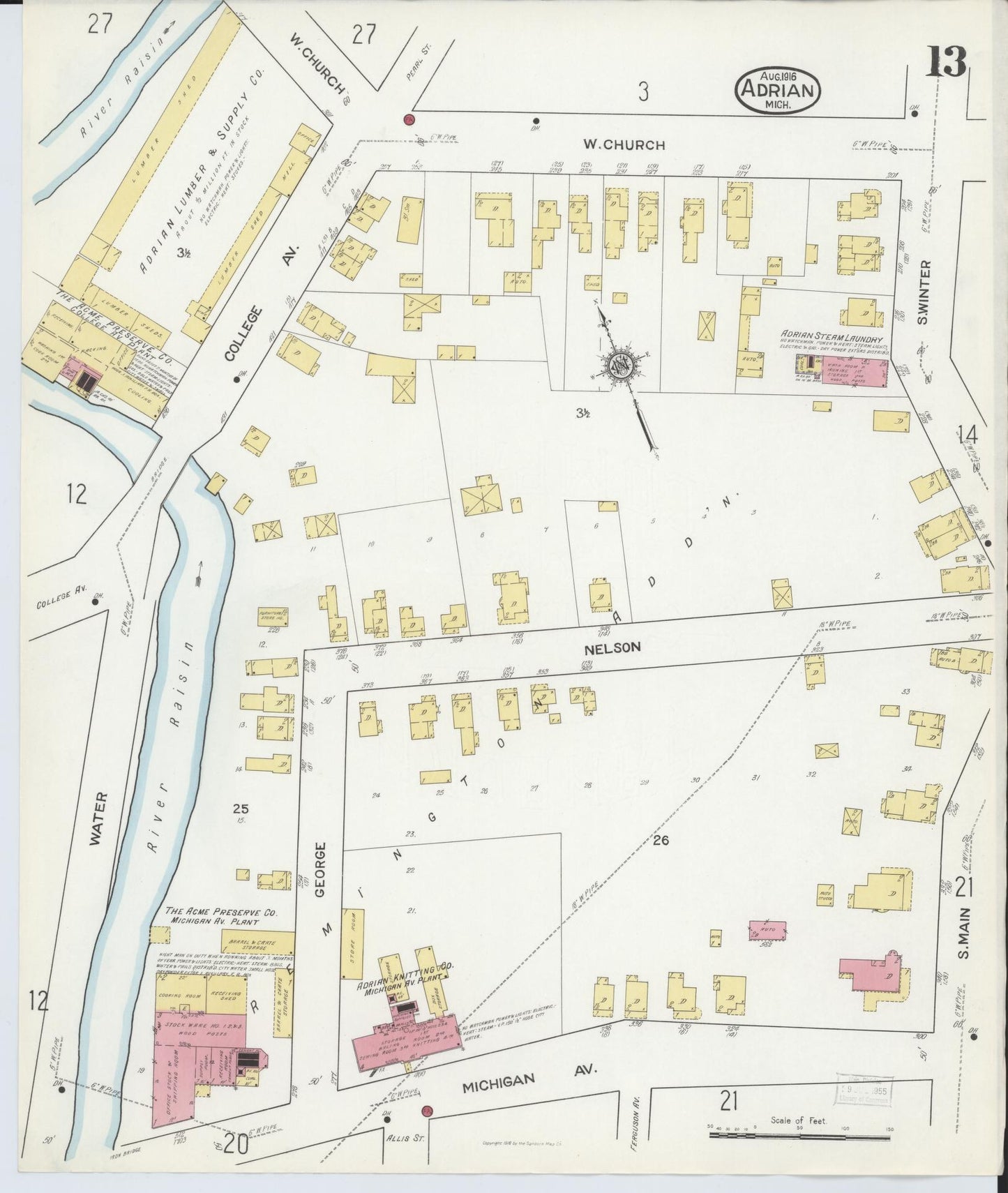 Sanborn Fire Insurance Map from Adrian, Lenawee County, Michigan (1916), Sheet #0013 - Historic Sanborn Fire Insurance Map Print, vintage old map wall art, antique decor, genealogy gift, Michigan Michigan map