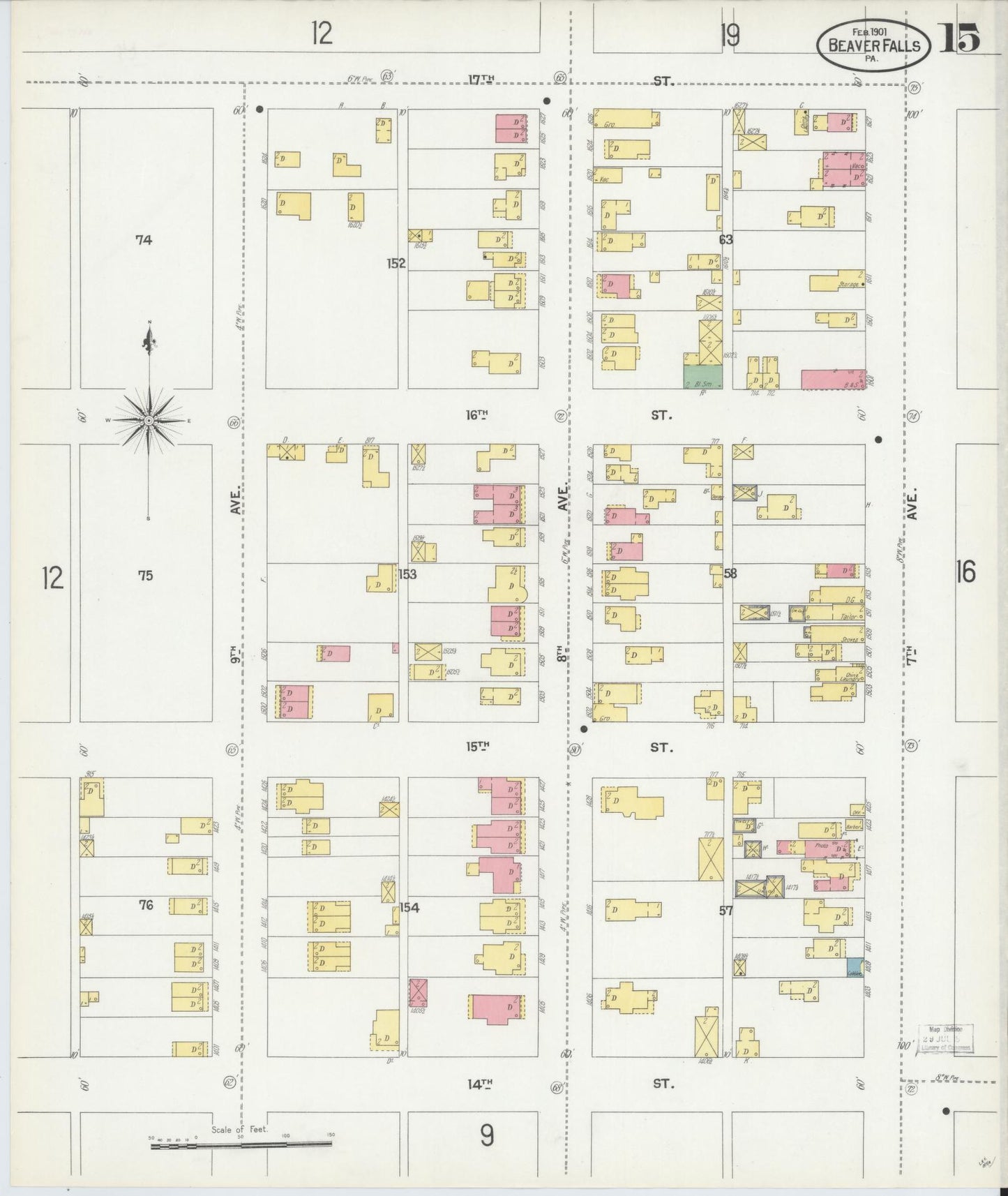 Sanborn Fire Insurance Map from Beaver Falls, Beaver County, Pennsylvania (1901), Sheet #0015 - Historic Sanborn Fire Insurance Map Print, vintage old map wall art, antique decor, genealogy gift, Pennsylvania Pennsylvania map