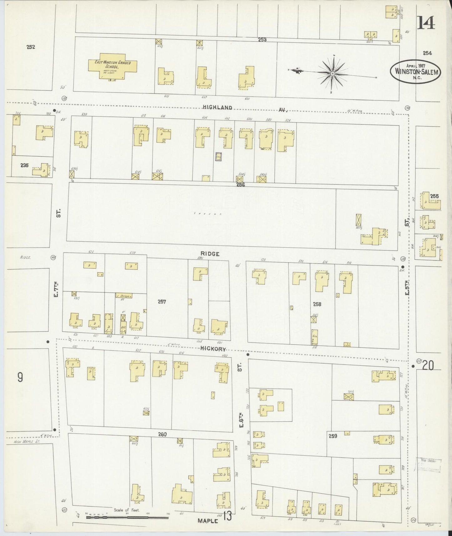 Sanborn Fire Insurance Map from Winston-Salem, Forsyth County, North Carolina (1907), Sheet #0014 - Historic Sanborn Fire Insurance Map Print, vintage old map wall art, antique decor, genealogy gift, North Carolina North Carolina map
