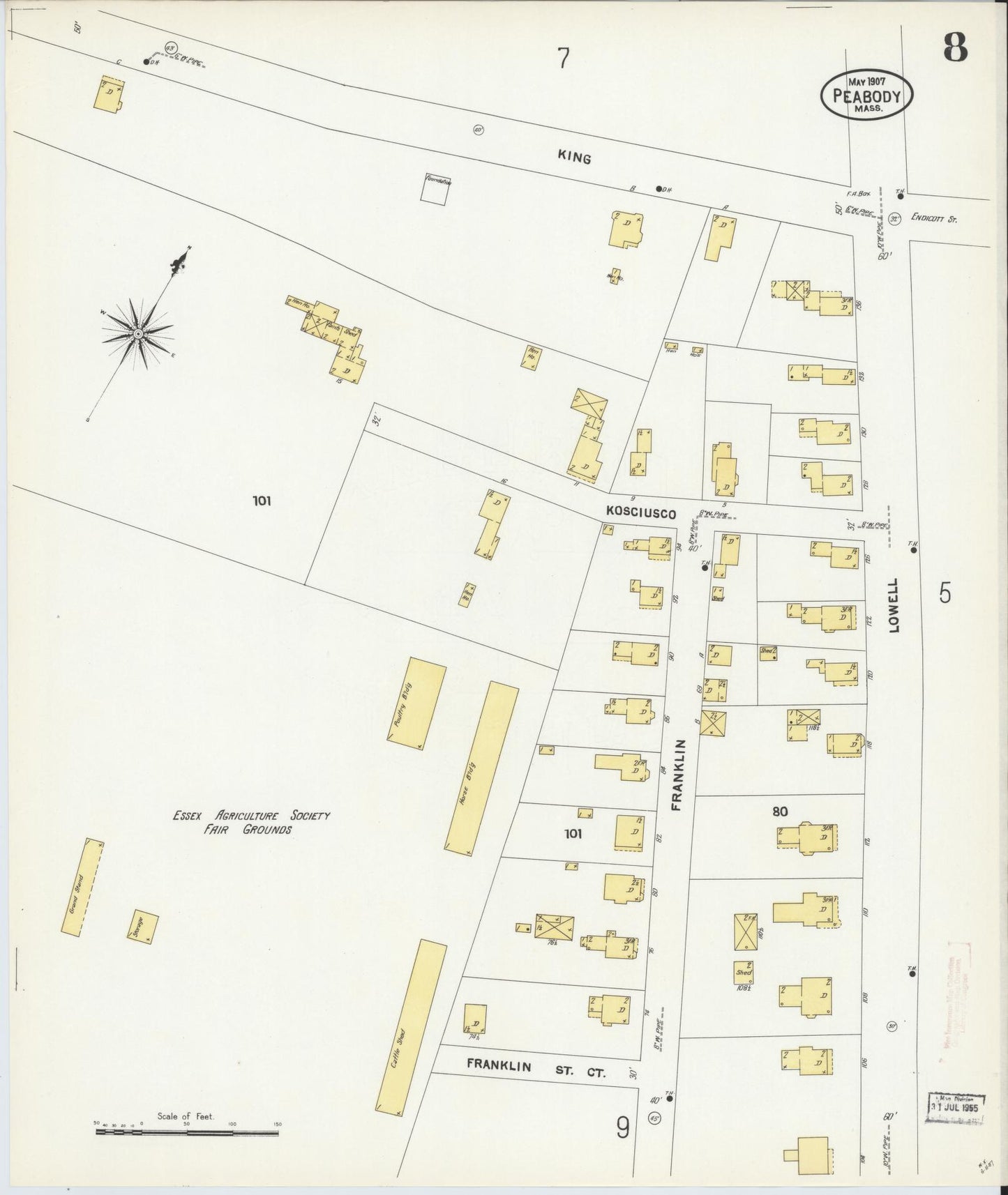 Sanborn Fire Insurance Map from Peabody, Essex County, Massachusetts (1907), Sheet #0008 - Historic Sanborn Fire Insurance Map Print, vintage old map wall art, antique decor, genealogy gift, Massachusetts Massachusetts map