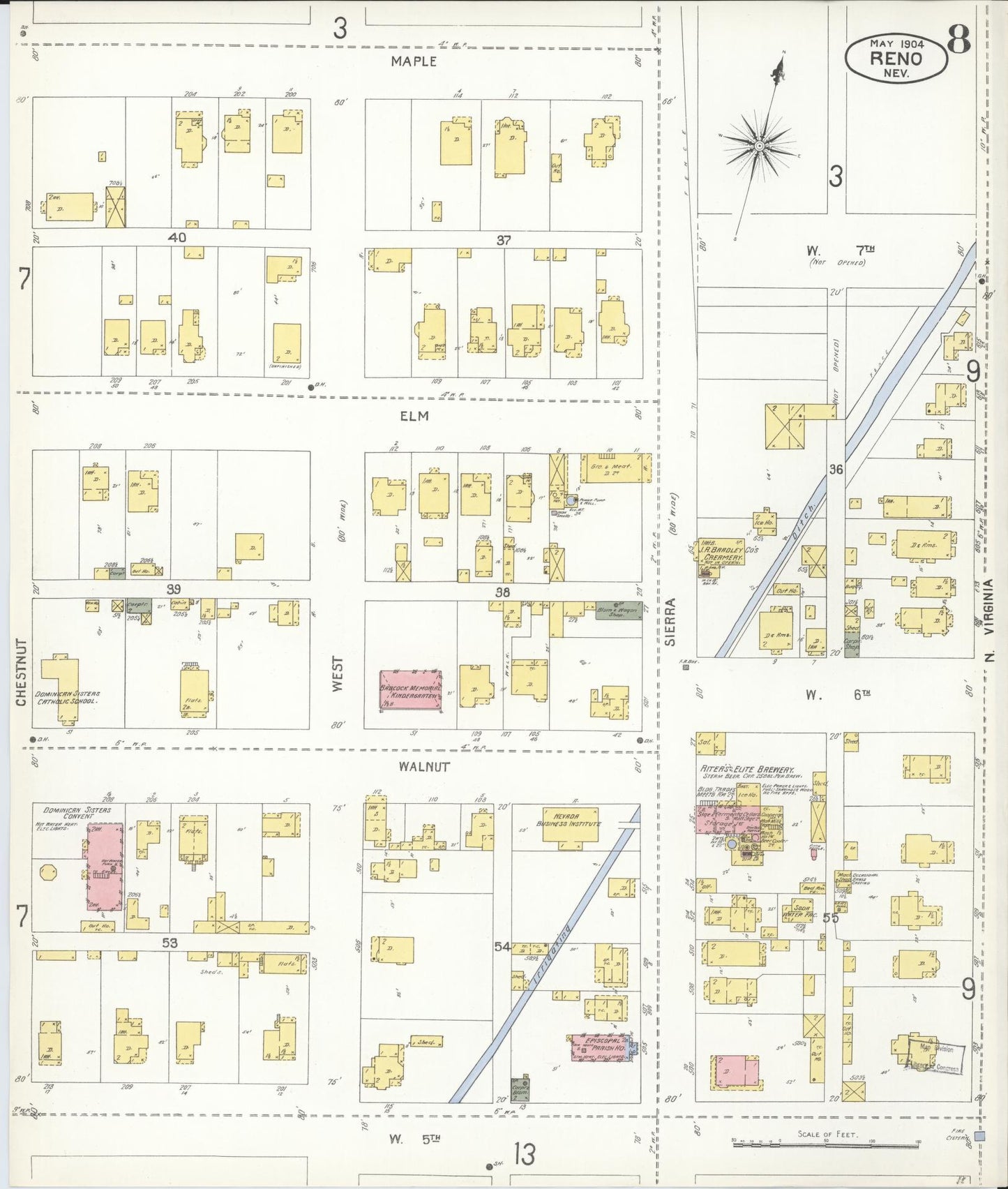 Sanborn Fire Insurance Map from Reno, Washoe County, Nevada (1904), Sheet #0008 - Historic Sanborn Fire Insurance Map Print, vintage old map wall art, antique decor, genealogy gift, Nevada Nevada map