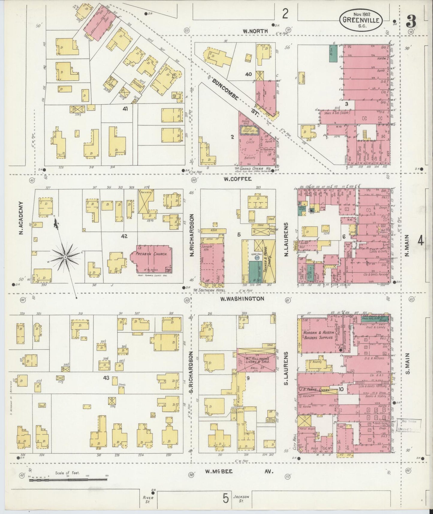 Sanborn Fire Insurance Map from Greenville, Greenville County, South Carolina (1902), Sheet #0003 - Historic Sanborn Fire Insurance Map Print, vintage old map wall art, antique decor, genealogy gift, South Carolina South Carolina map
