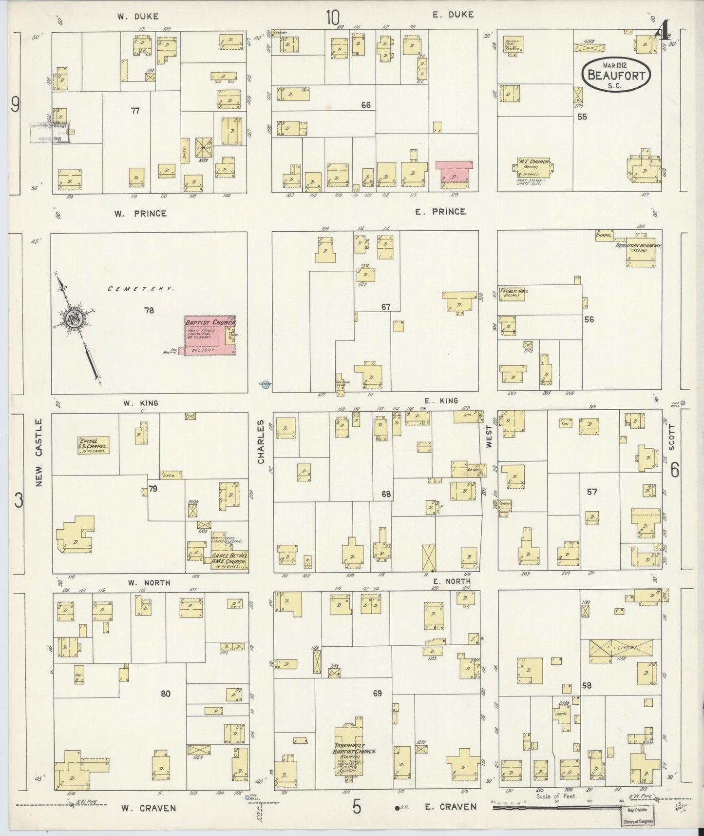 Sanborn Fire Insurance Map from Beaufort, Beaufort County, South Carolina (1912), Sheet #0004 - Historic Sanborn Fire Insurance Map Print, vintage old map wall art, antique decor, genealogy gift, South Carolina South Carolina map