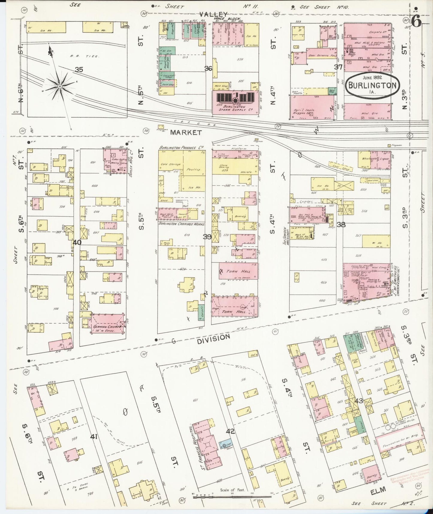 Sanborn Fire Insurance Map from Burlington, Des Moines County, Iowa (1892), Sheet #0006 - Historic Sanborn Fire Insurance Map Print, vintage old map wall art