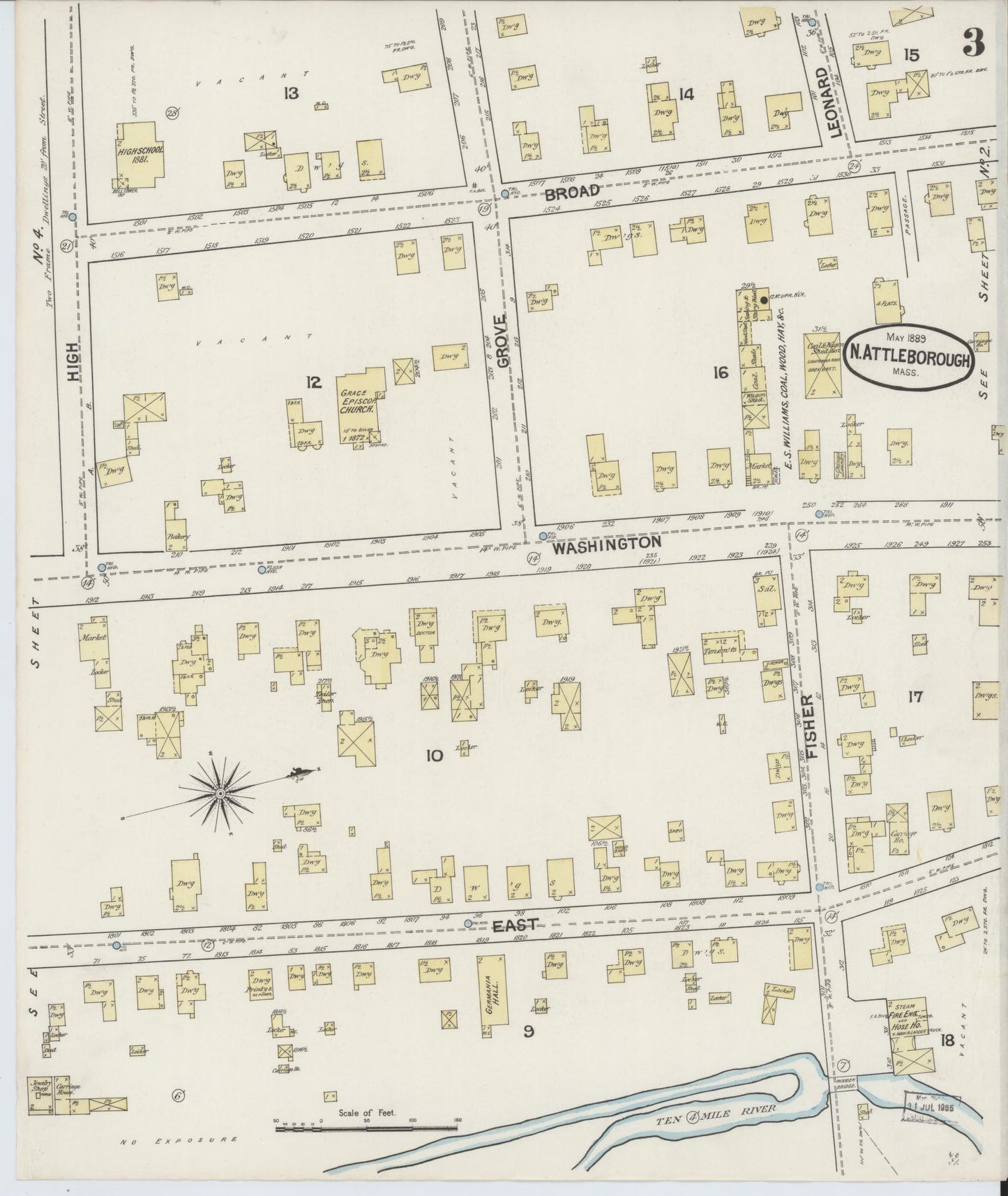 Sanborn Fire Insurance Map from North Attleborough, Bristol County, Massachusetts (1889), Sheet #0003 - Historic Sanborn Fire Insurance Map Print, vintage old map wall art, antique decor, genealogy gift, Massachusetts Massachusetts map