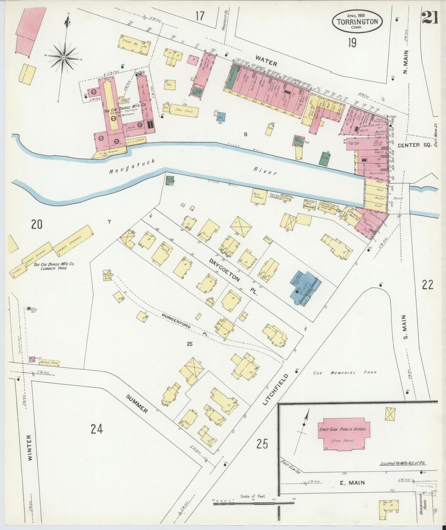 Sanborn Fire Insurance Map from Torrington, Litchfield County, Connecticut (1909), Sheet #0021 - Historic Sanborn Fire Insurance Map Print, vintage old map wall art, antique decor, genealogy gift, Connecticut Connecticut map