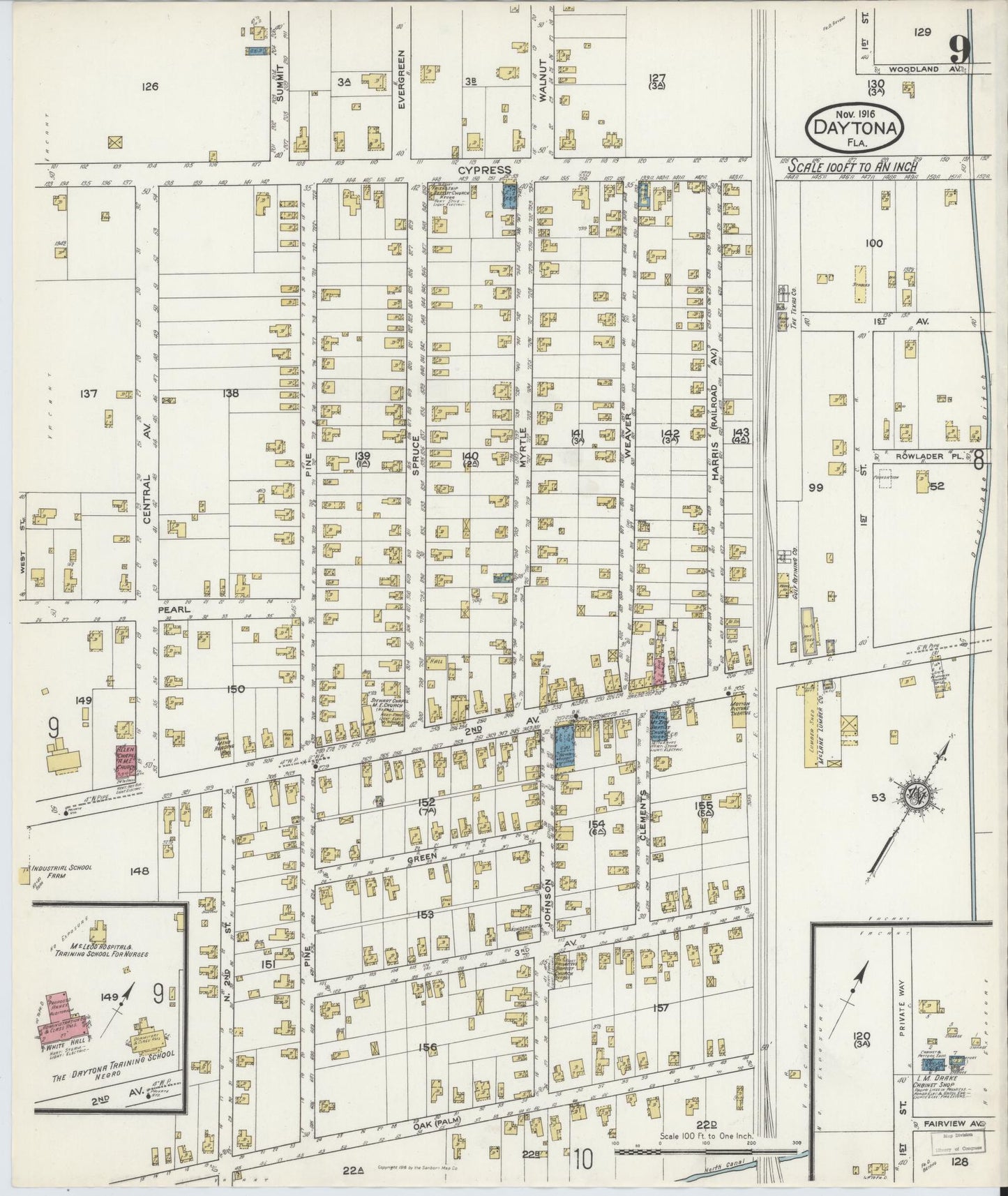Sanborn Fire Insurance Map from Daytona, Volusia County, Florida (1916), Sheet #0009 - Historic Sanborn Fire Insurance Map Print, vintage old map wall art, antique decor, genealogy gift, Florida Florida map