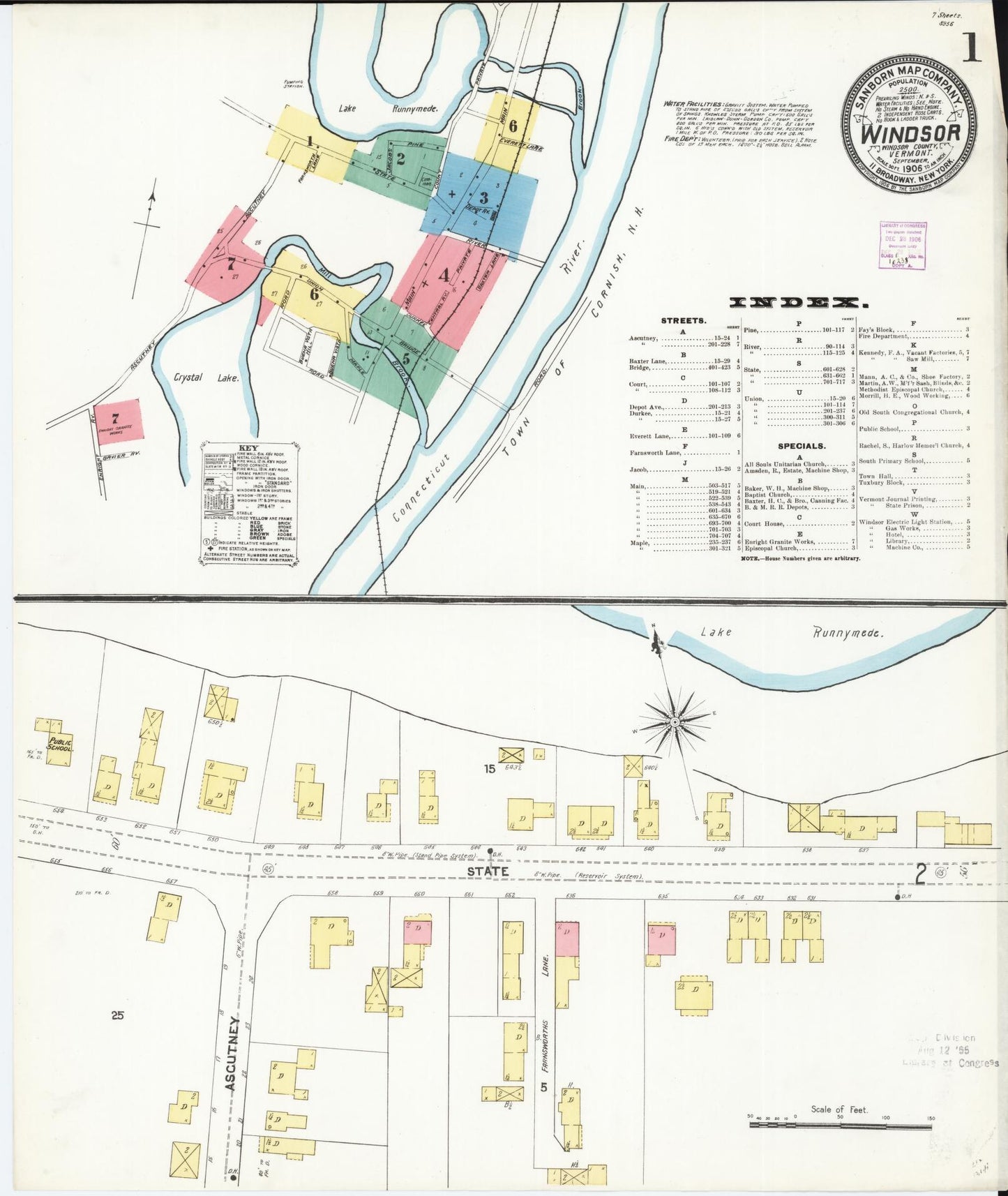 Sanborn Fire Insurance Map from Windsor, Windsor County, Vermont (1906), Sheet #0001 - Historic Sanborn Fire Insurance Map Print, vintage old map wall art, antique decor, genealogy gift, Vermont Vermont map