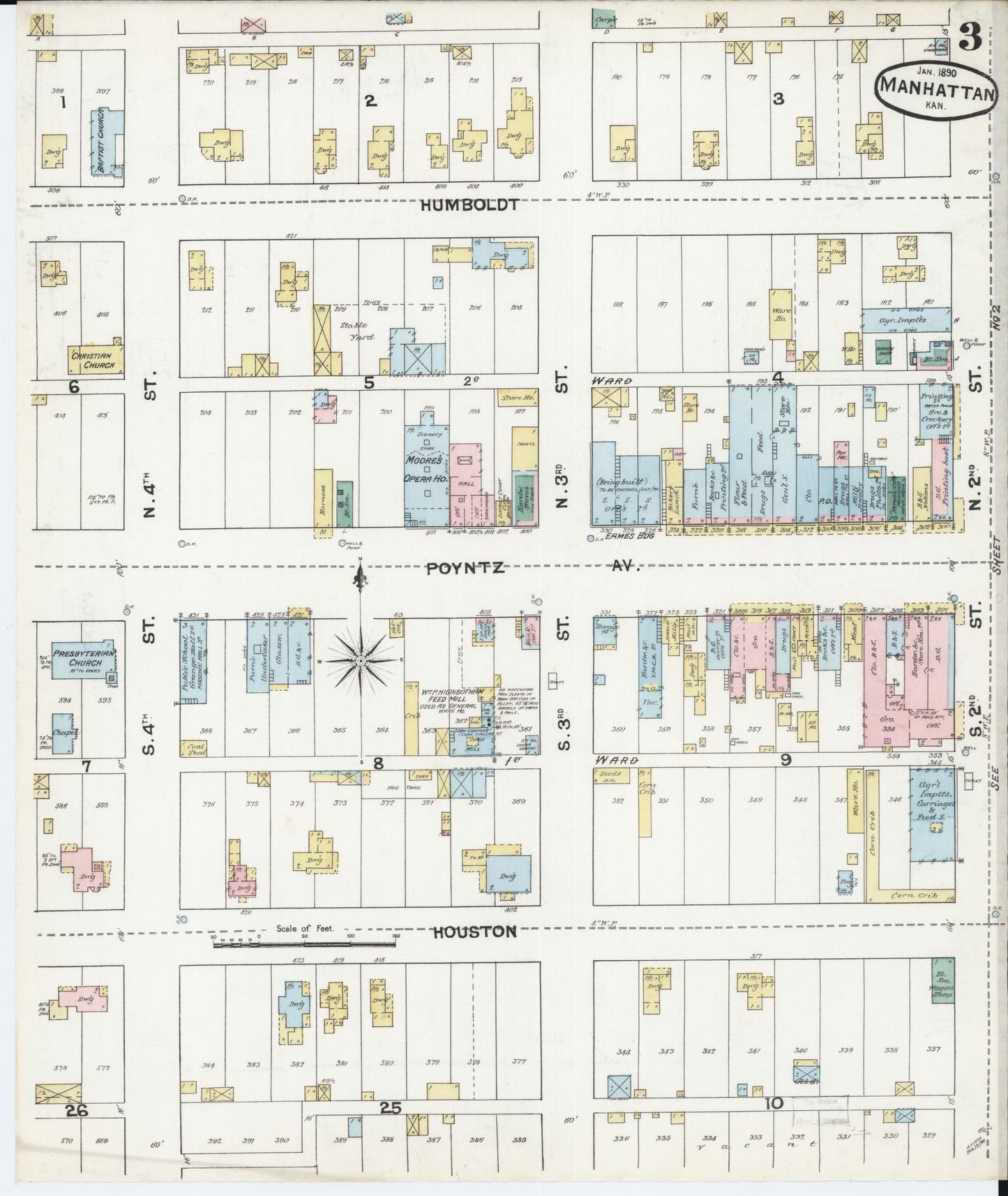 Sanborn Fire Insurance Map from Manhattan, Riley County, Kansas (1890), Sheet #0003 - Historic Sanborn Fire Insurance Map Print, vintage old map wall art, antique decor, genealogy gift, Kansas Kansas map