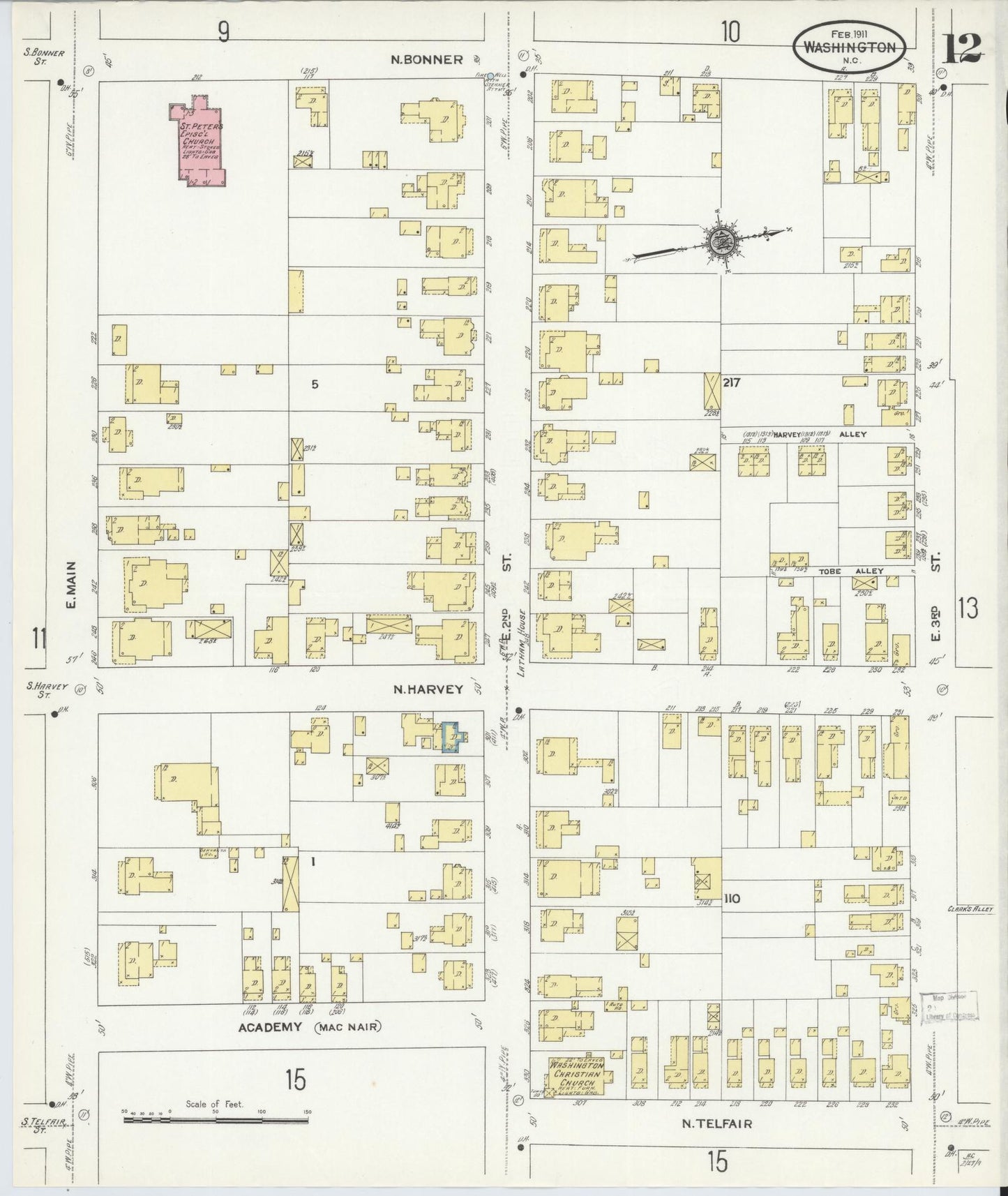 Sanborn Fire Insurance Map from Washington, Beaufort County, North Carolina (1911), Sheet #0012 - Historic Sanborn Fire Insurance Map Print, vintage old map wall art, antique decor, genealogy gift, Washington Washington map