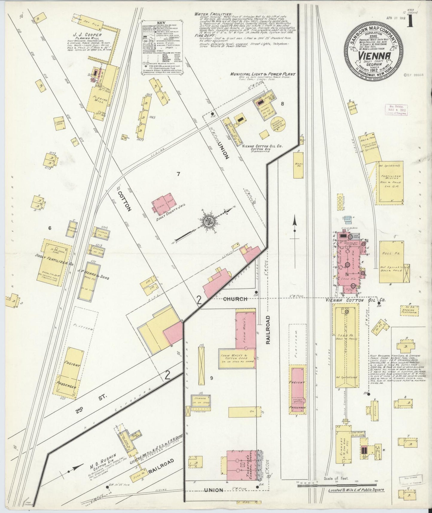Sanborn Fire Insurance Map from Vienna, Dooly County, Georgia (1912), Sheet #0001 - Historic Sanborn Fire Insurance Map Print, vintage old map wall art, antique decor, genealogy gift, Georgia Georgia map