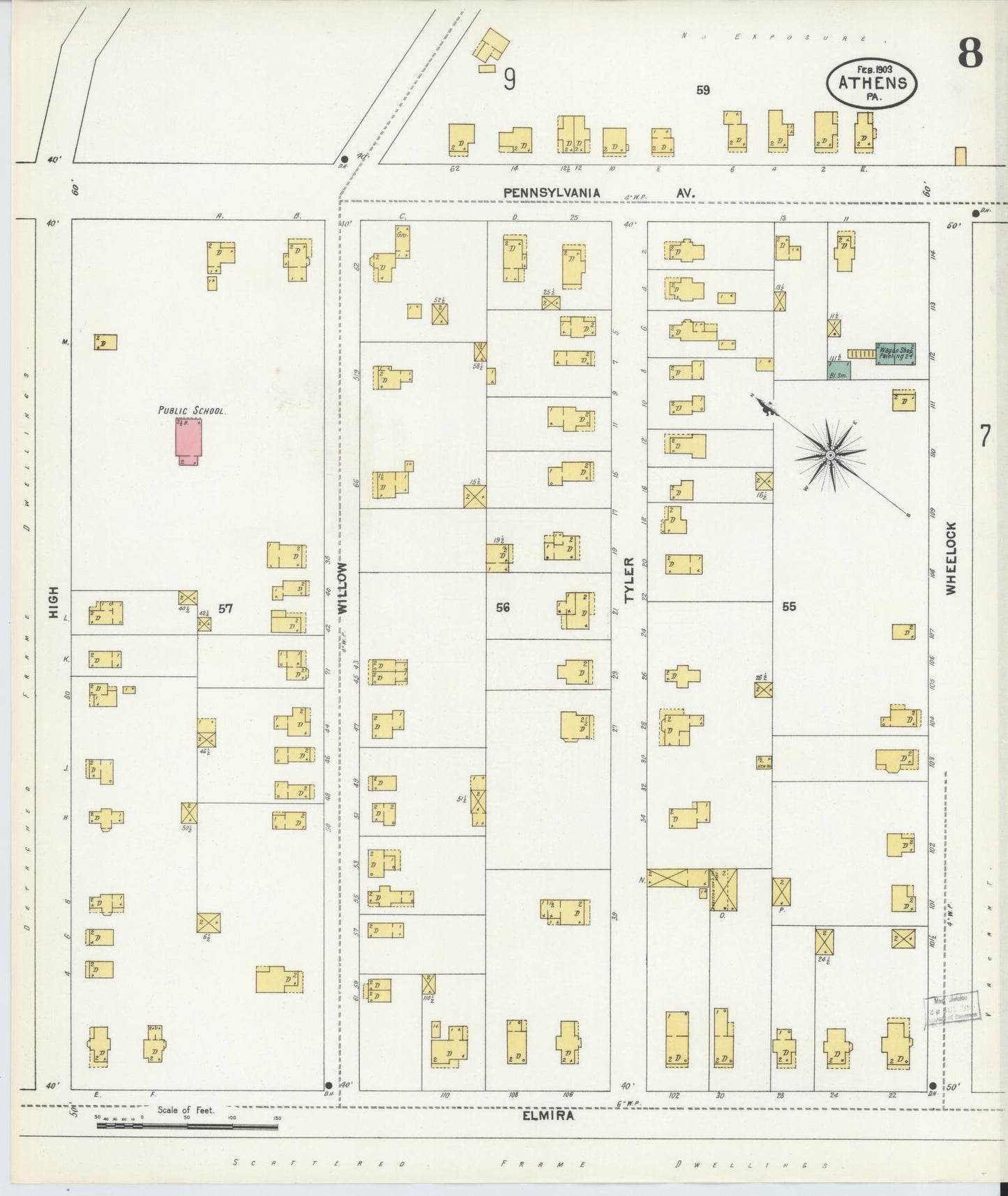Sanborn Fire Insurance Map from Athens, Bradford County, Pennsylvania (1903), Sheet #0008 - Historic Sanborn Fire Insurance Map Print, vintage old map wall art, antique decor, genealogy gift, Pennsylvania Pennsylvania map