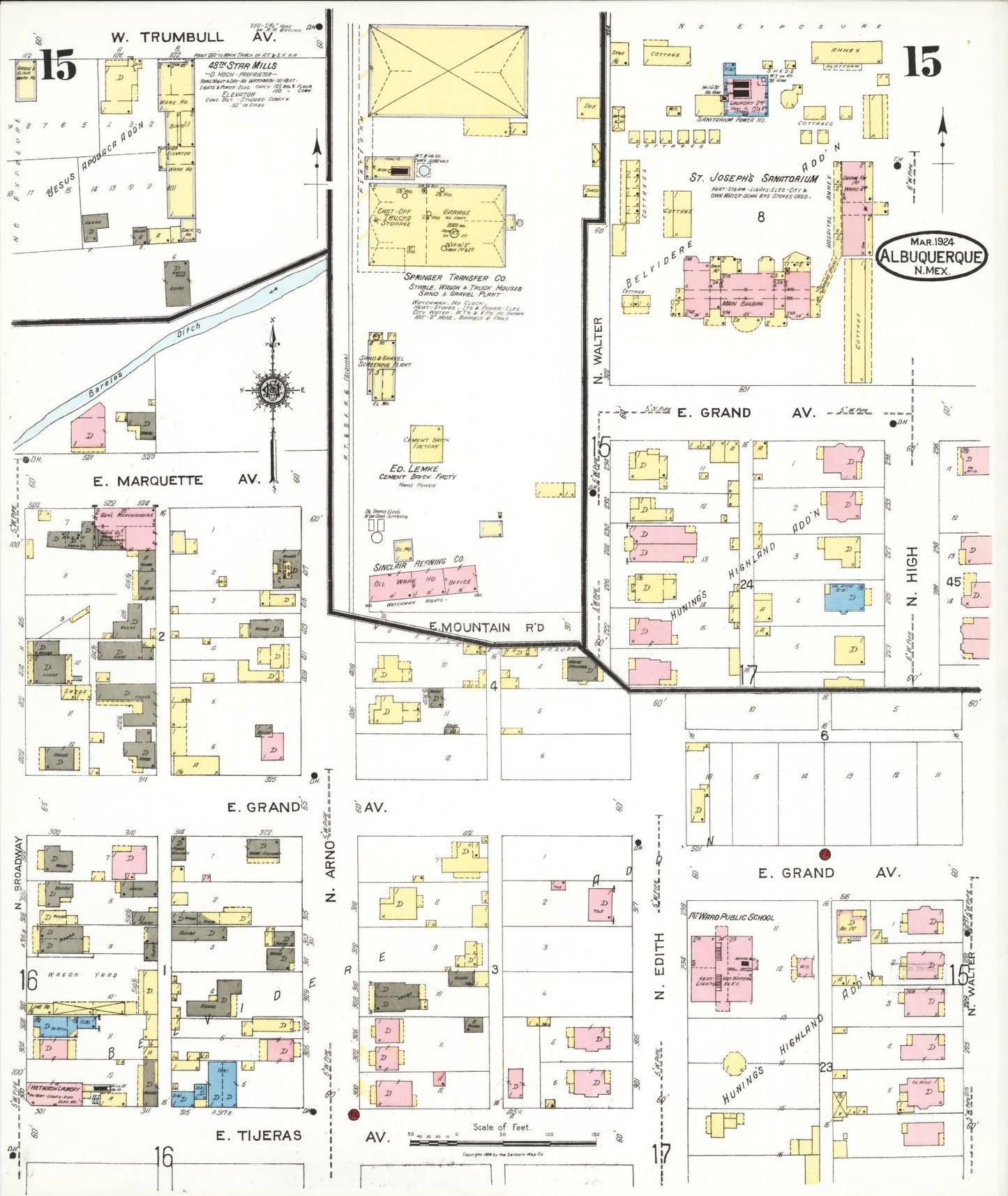 Sanborn Fire Insurance Map from Albuquerque, Bernalillo County, New Mexico (1924), Sheet #0015 - Historic Sanborn Fire Insurance Map Print, vintage old map wall art, antique decor, genealogy gift, New Mexico New Mexico map
