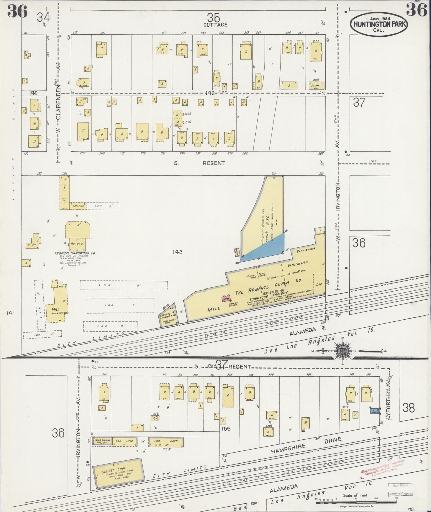 Sanborn Fire Insurance Map from Huntington Park, Los Angeles County, California (1924), Sheet #0036 - Historic Sanborn Fire Insurance Map Print, vintage old map wall art, antique decor, genealogy gift, California California map
