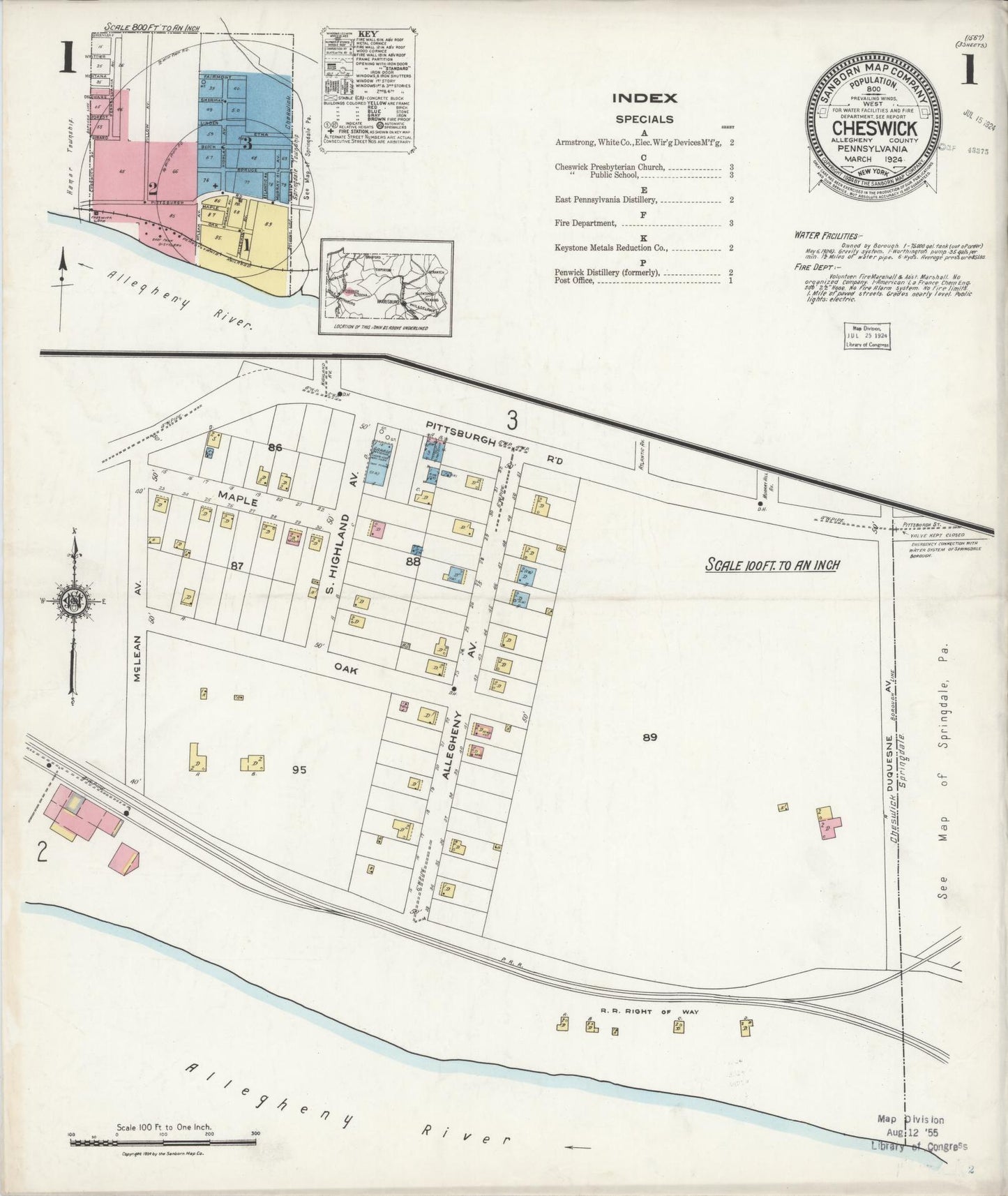 Sanborn Fire Insurance Map from Cheswick, Allegheny County, Pennsylvania (1924), Sheet #0001 - Historic Sanborn Fire Insurance Map Print, vintage old map wall art, antique decor, genealogy gift, Pennsylvania Pennsylvania map