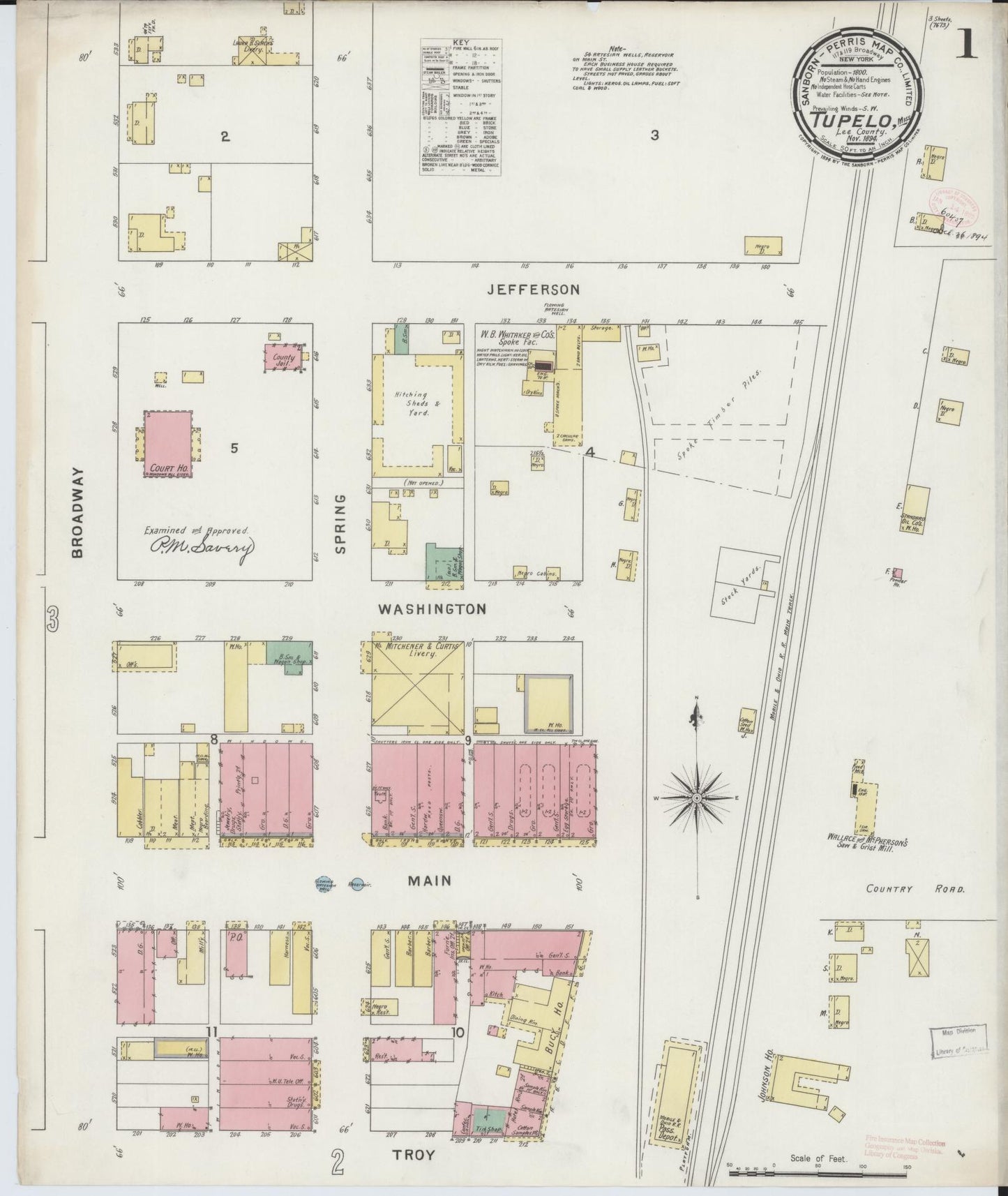 Sanborn Fire Insurance Map from Tupelo, Lee County, Mississippi (1894), Sheet #0001 - Historic Sanborn Fire Insurance Map Print, vintage old map wall art, antique decor, genealogy gift, Mississippi Mississippi map