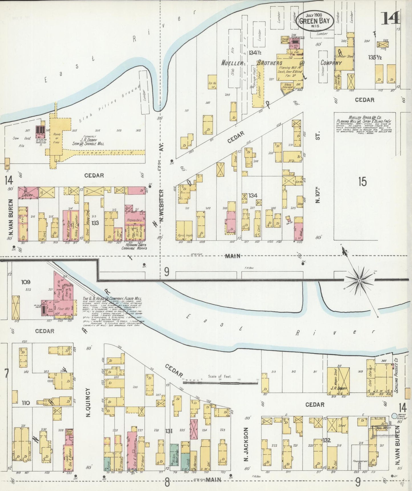 Sanborn Fire Insurance Map from Green Bay, Brown County, Wisconsin (1900), Sheet #0014 - Historic Sanborn Fire Insurance Map Print, vintage old map wall art, antique decor, genealogy gift, Wisconsin Wisconsin map