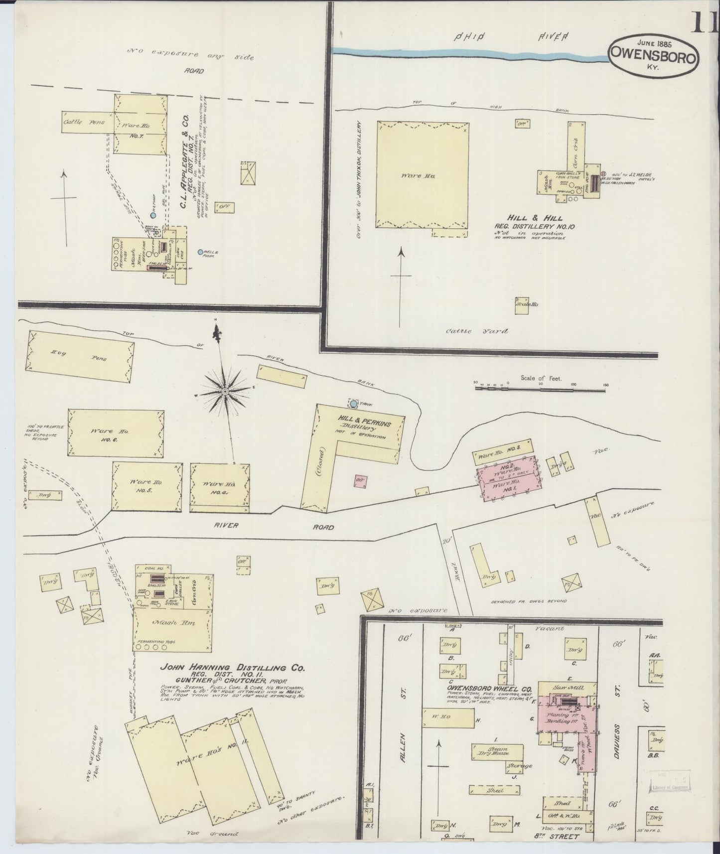Sanborn Fire Insurance Map from Owensboro, Daviess County, Kentucky (1885), Sheet #0011 - Historic Sanborn Fire Insurance Map Print, vintage old map wall art, antique decor, genealogy gift, Kentucky Kentucky map