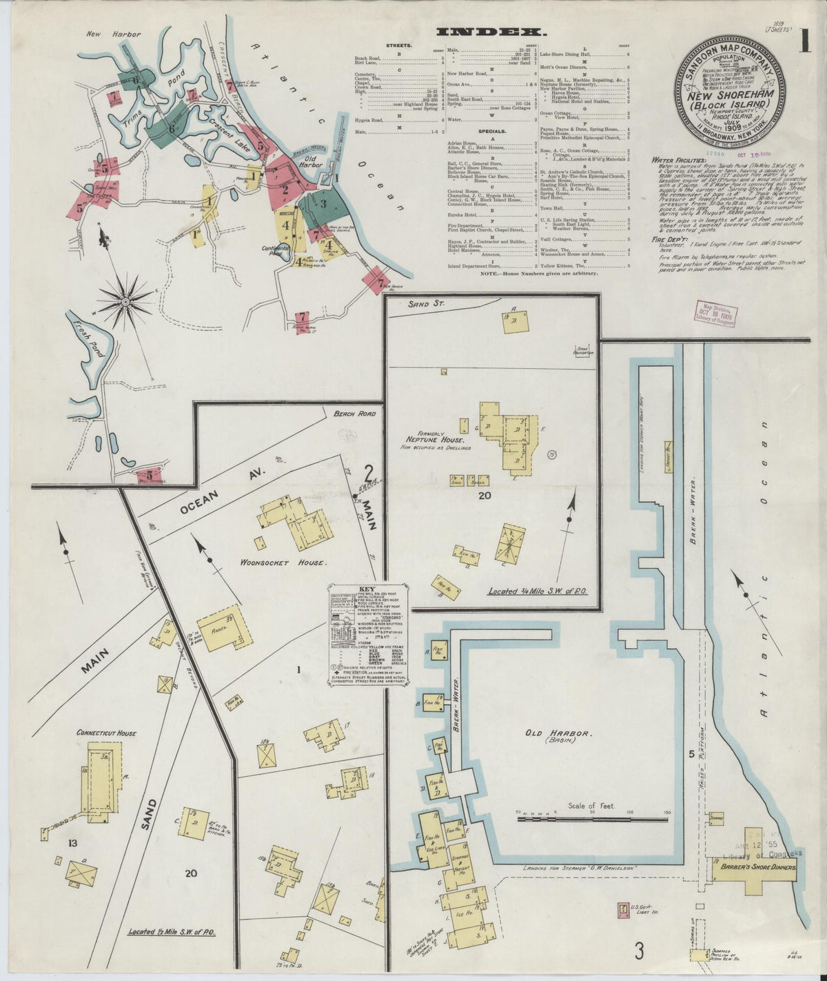 Sanborn Fire Insurance Map from New Shoreham, Newport County, Rhode Island (1909), Sheet #0001 - Historic Sanborn Fire Insurance Map Print, vintage old map wall art, antique decor, genealogy gift, Rhode Island Rhode Island map