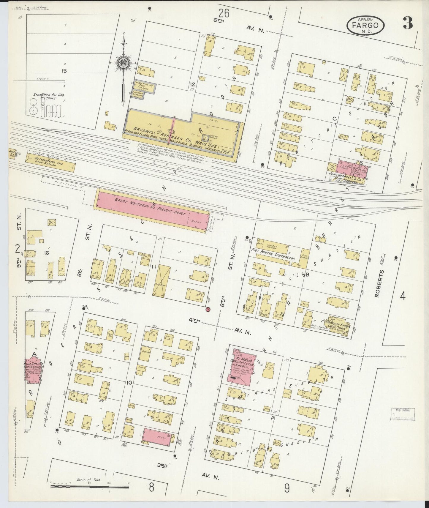 Sanborn Fire Insurance Map from Fargo, Cass County, North Dakota (1916), Sheet #0003 - Historic Sanborn Fire Insurance Map Print, vintage old map wall art, antique decor, genealogy gift, North Dakota North Dakota map
