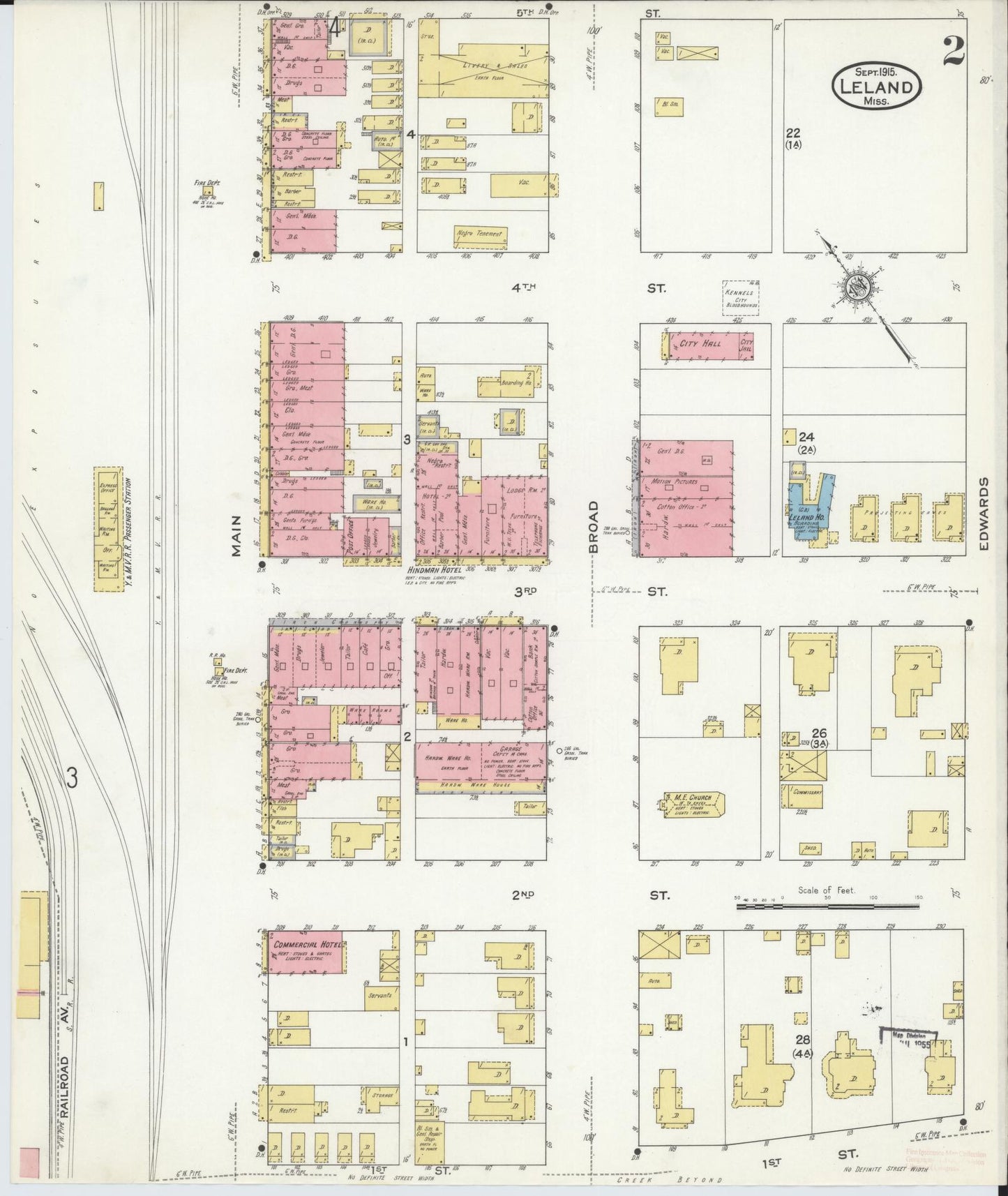 Sanborn Fire Insurance Map from Leland, Washington County, Mississippi (1915), Sheet #0002 - Historic Sanborn Fire Insurance Map Print, vintage old map wall art, antique decor, genealogy gift, Mississippi Mississippi map