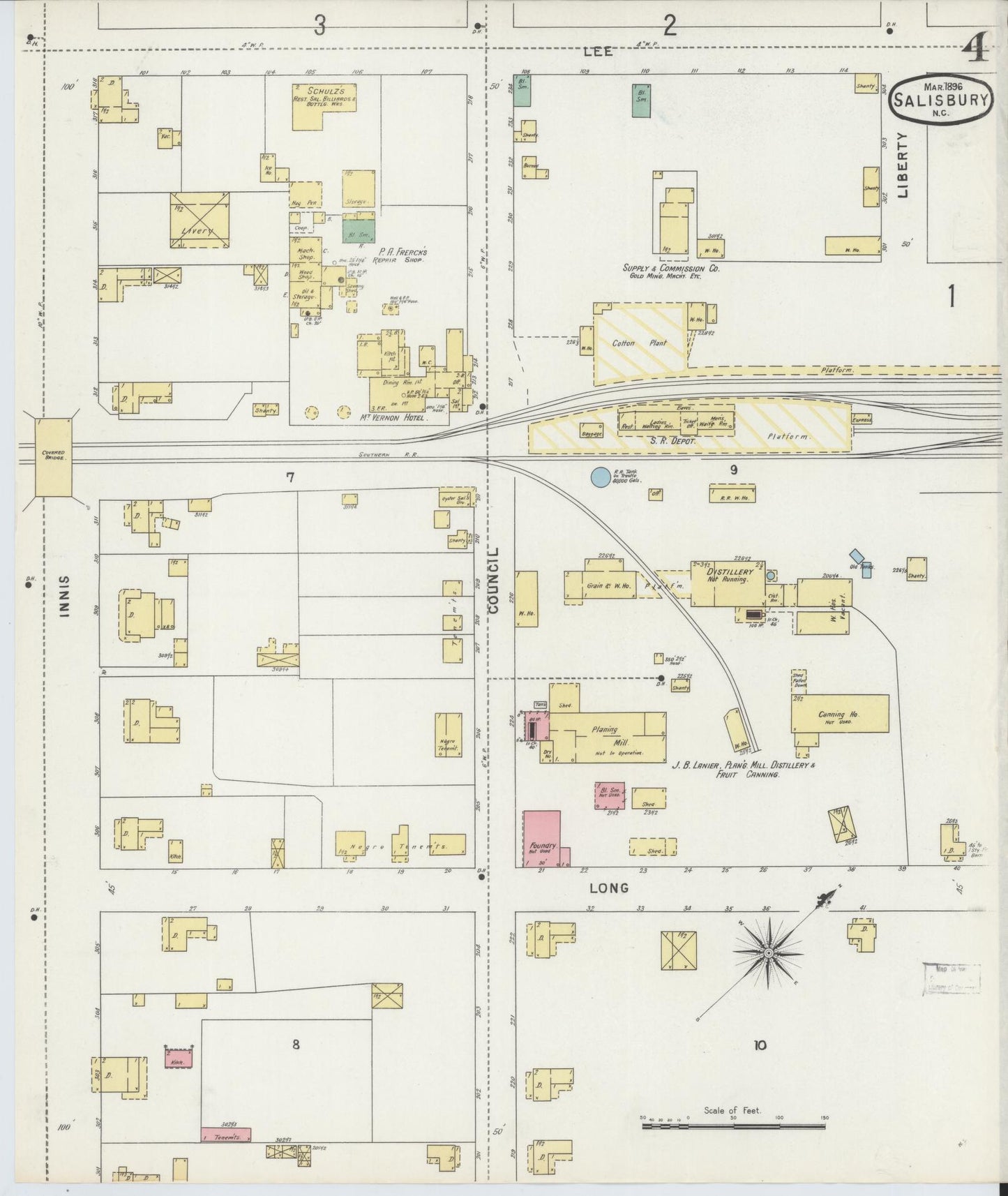 Sanborn Fire Insurance Map from Salisbury, Rowan County, North Carolina (1896), Sheet #0004 - Historic Sanborn Fire Insurance Map Print, vintage old map wall art, antique decor, genealogy gift, North Carolina North Carolina map