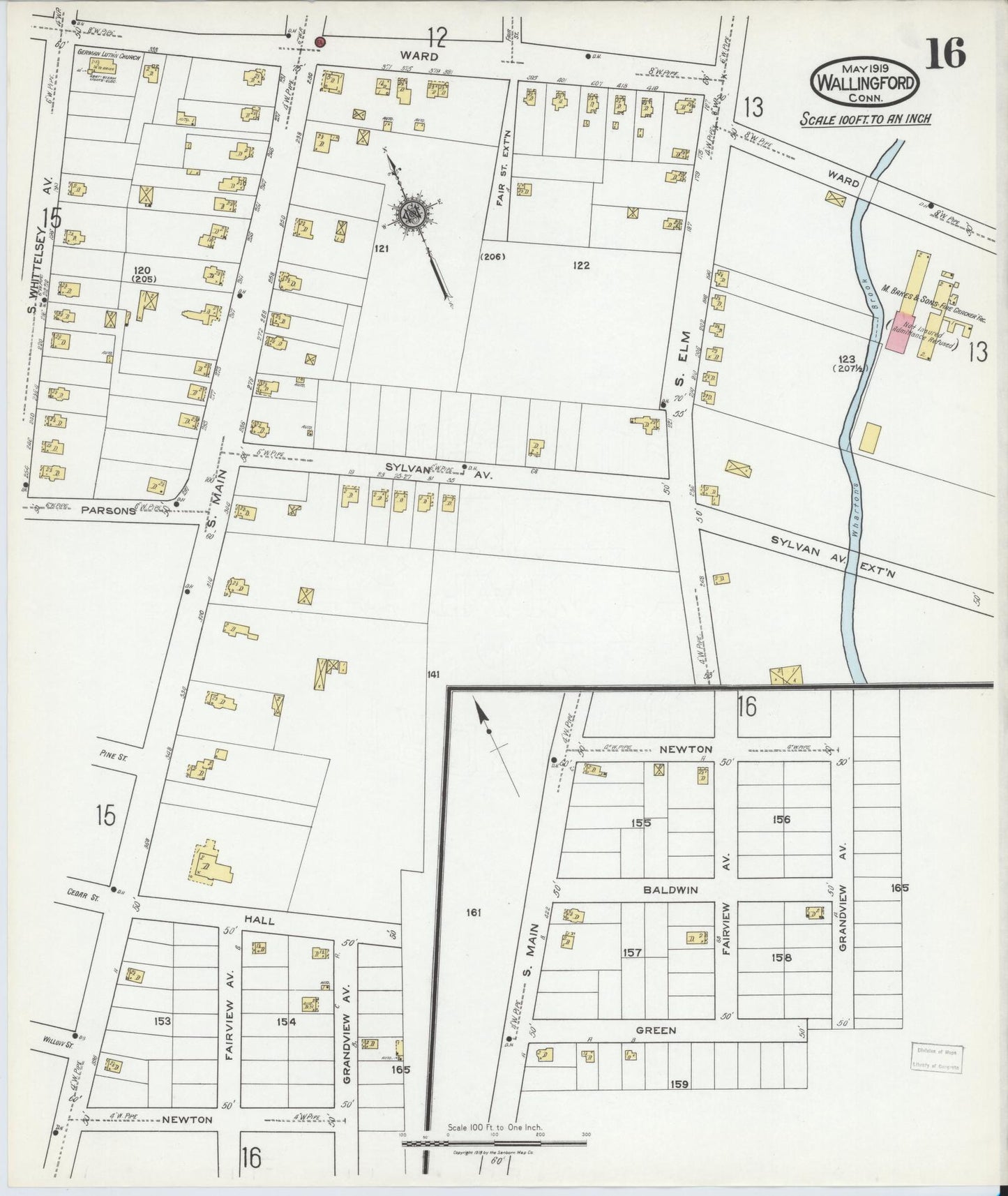 Sanborn Fire Insurance Map from Wallingford, New Haven County, Connecticut (1919), Sheet #0016 - Historic Sanborn Fire Insurance Map Print, vintage old map wall art, antique decor, genealogy gift, Connecticut Connecticut map