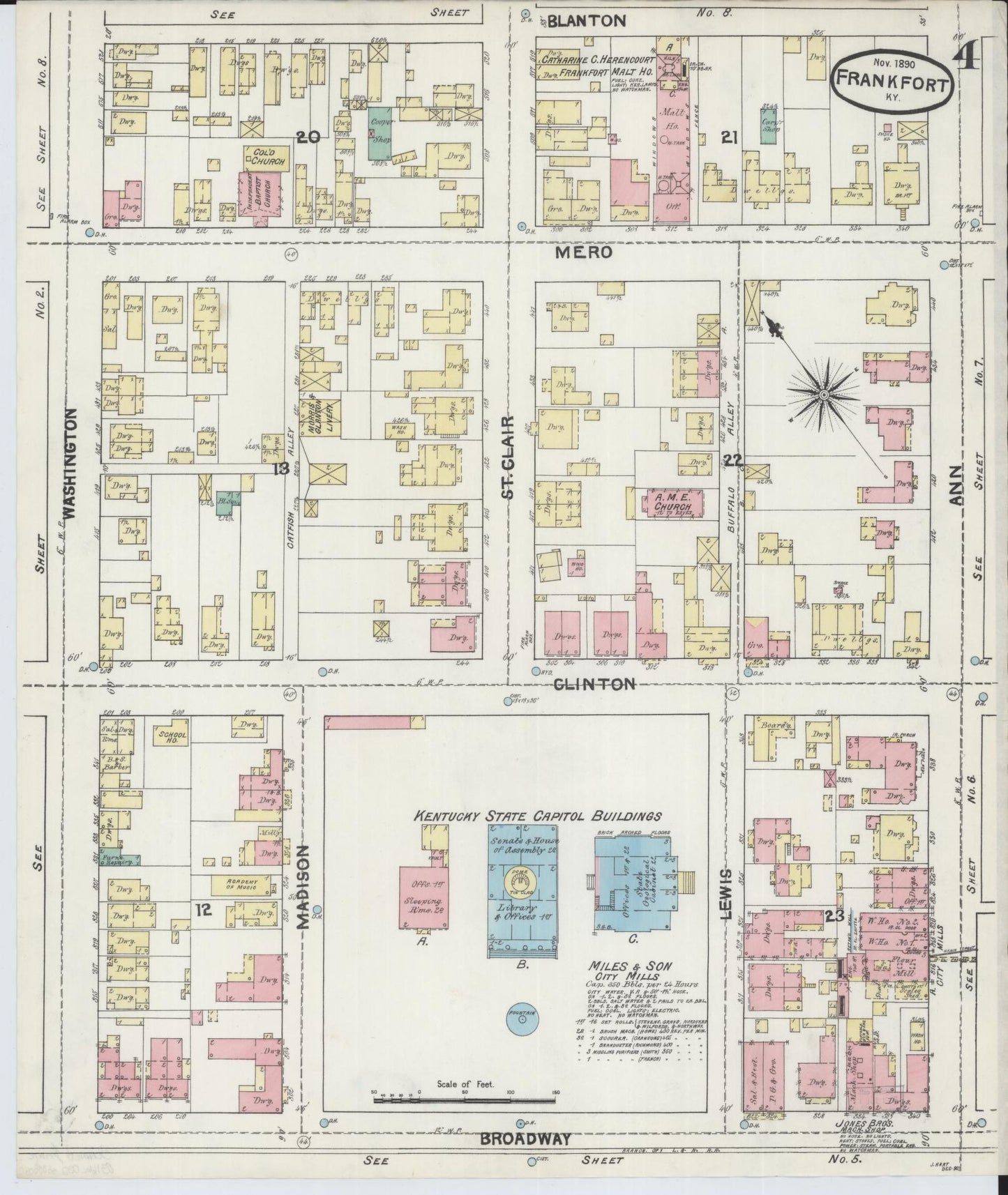 Sanborn Fire Insurance Map from Frankfort, Franklin County, Kentucky (1890), Sheet #0004 - Historic Sanborn Fire Insurance Map Print, vintage old map wall art, antique decor, genealogy gift, Kentucky Kentucky map