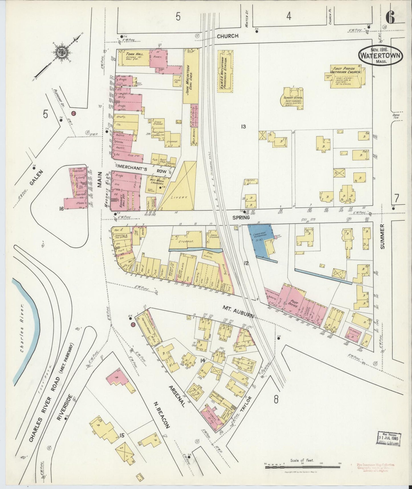 Sanborn Fire Insurance Map from Watertown, Middlesex County, Massachusetts (1916), Sheet #0006 - Historic Sanborn Fire Insurance Map Print, vintage old map wall art, antique decor, genealogy gift, Massachusetts Massachusetts map