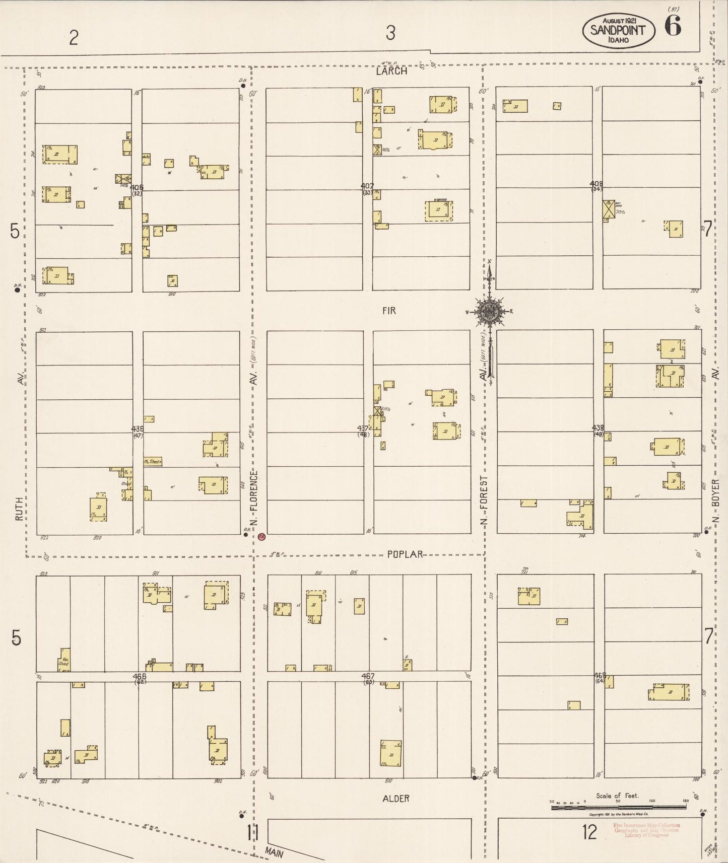 Sanborn Fire Insurance Map from Sandpoint, Bonner County, Idaho (1921), Sheet #0006 - Historic Sanborn Fire Insurance Map Print, vintage old map wall art, antique decor, genealogy gift, Idaho Idaho map