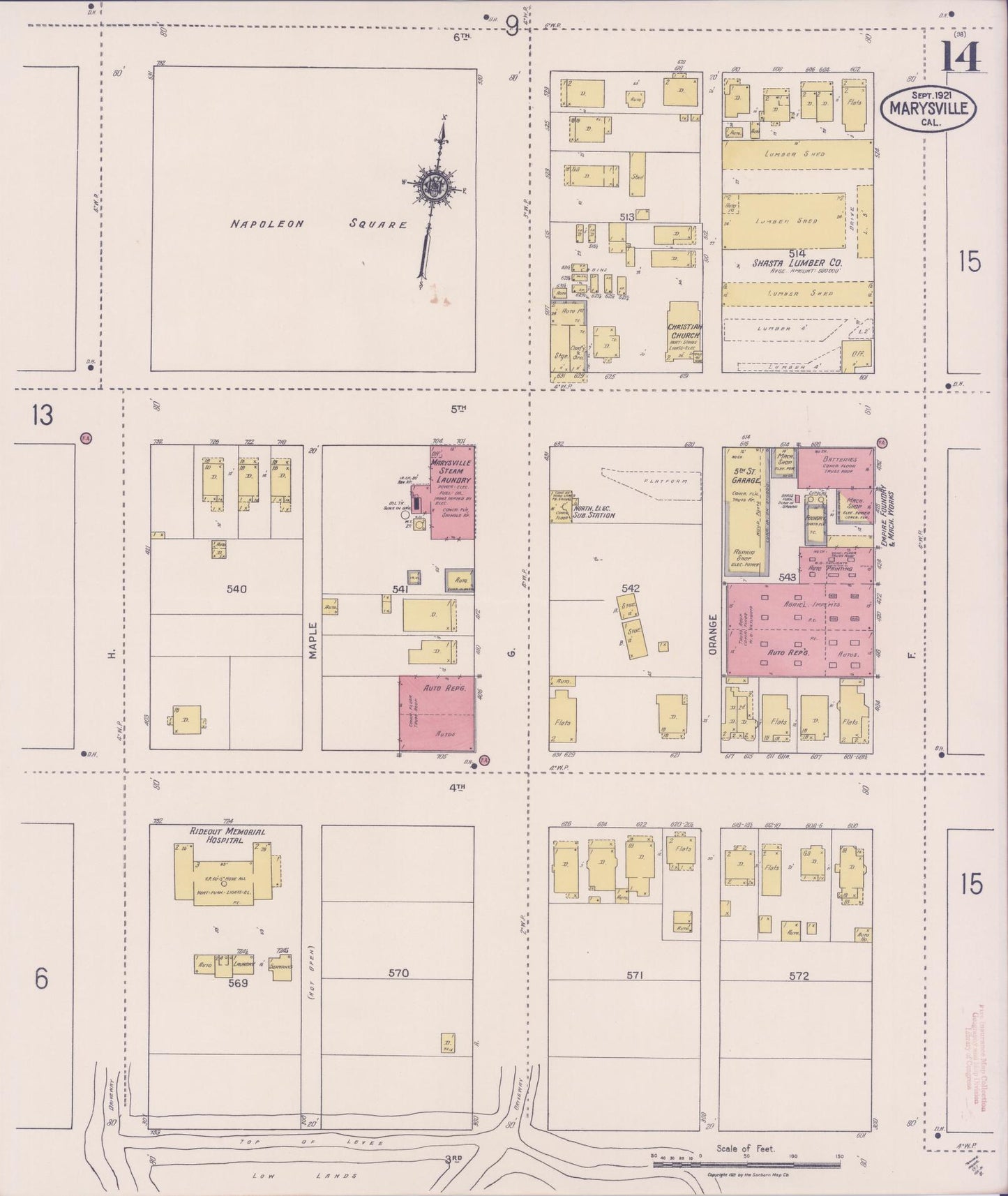 Sanborn Fire Insurance Map from Marysville, Yuba County, California (1921), Sheet #0014 - Historic Sanborn Fire Insurance Map Print, vintage old map wall art, antique decor, genealogy gift, California California map