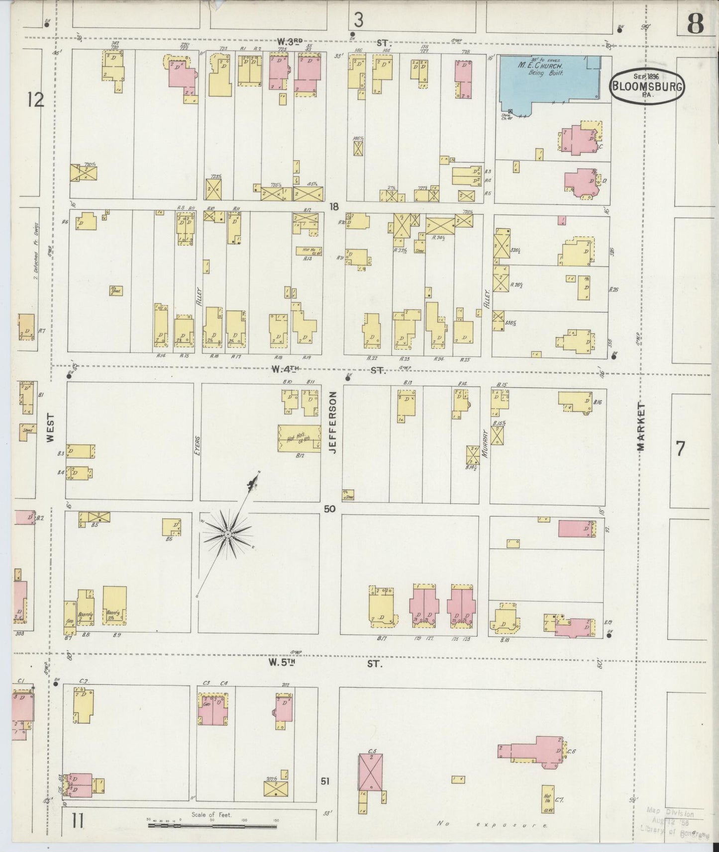 Sanborn Fire Insurance Map from Bloomsburg, Columbia County, Pennsylvania (1896), Sheet #0008 - Historic Sanborn Fire Insurance Map Print, vintage old map wall art, antique decor, genealogy gift, Pennsylvania Pennsylvania map