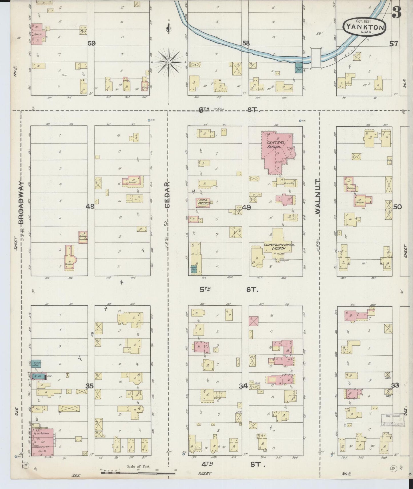 Sanborn Fire Insurance Map from Yankton, Yankton County, South Dakota (1891), Sheet #0003 - Historic Sanborn Fire Insurance Map Print, vintage old map wall art, antique decor, genealogy gift, South Dakota South Dakota map