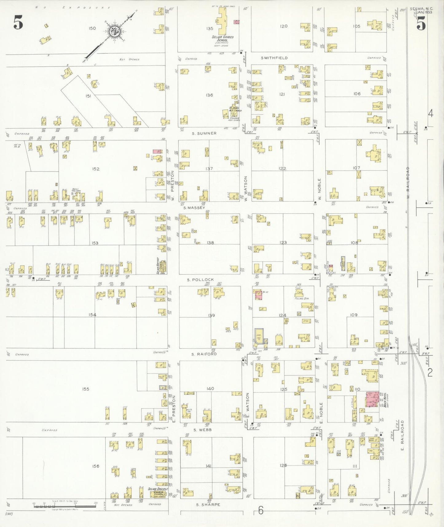 Sanborn Fire Insurance Map from Selma, Johnston County, North Carolina (1933), Sheet #0005 - Historic Sanborn Fire Insurance Map Print, vintage old map wall art, antique decor, genealogy gift, North Carolina North Carolina map