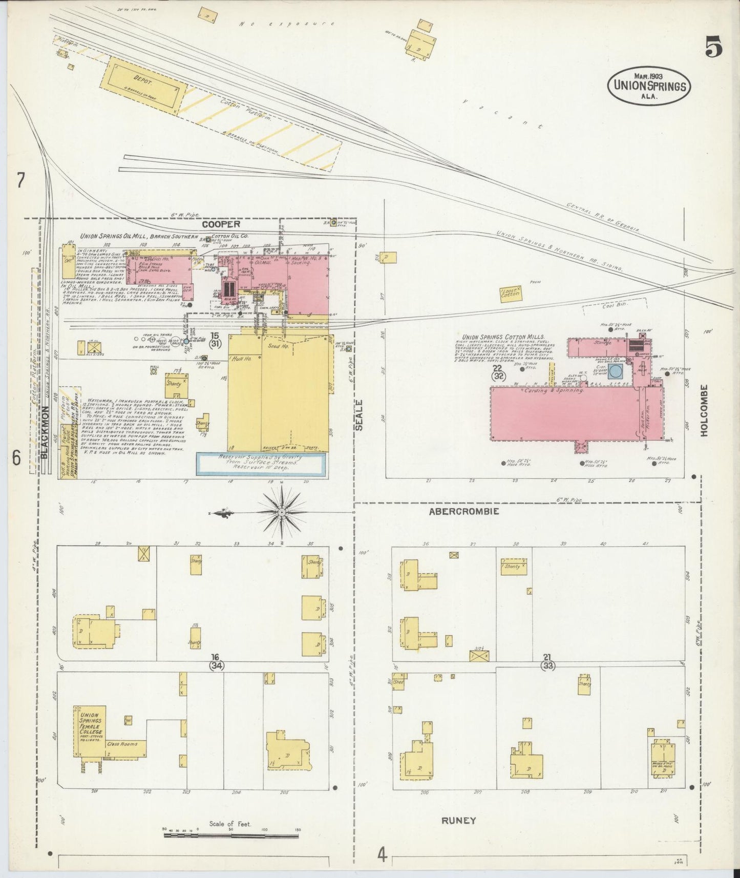 Sanborn Fire Insurance Map from Union Springs, Bullock County, Alabama (1903), Sheet #0005 - Historic Sanborn Fire Insurance Map Print, vintage old map wall art, antique decor, genealogy gift, Alabama Alabama map