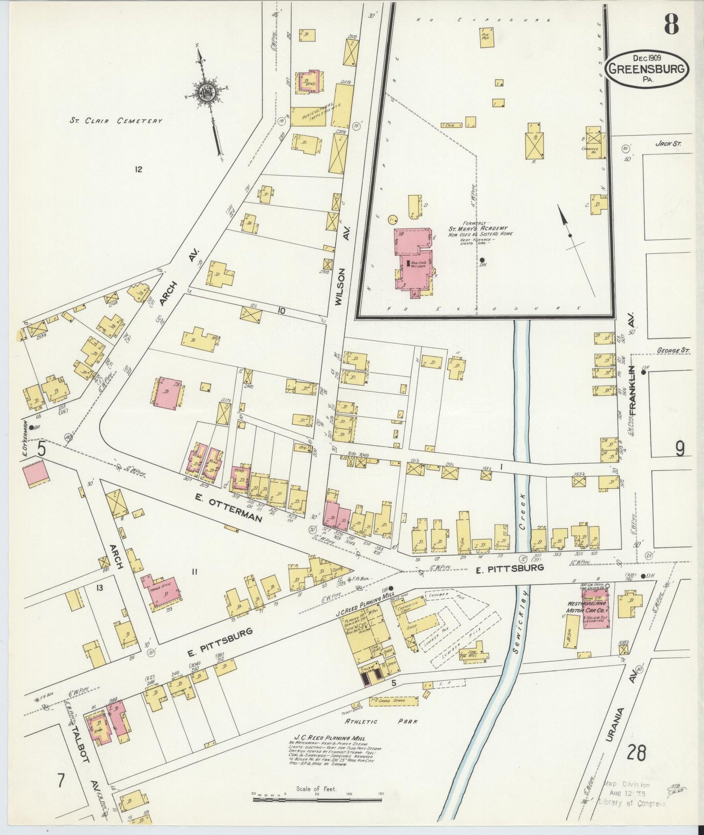 Sanborn Fire Insurance Map from Greensburg, Westmoreland County, Pennsylvania (1909), Sheet #0008 - Historic Sanborn Fire Insurance Map Print, vintage old map wall art, antique decor, genealogy gift, Pennsylvania Pennsylvania map