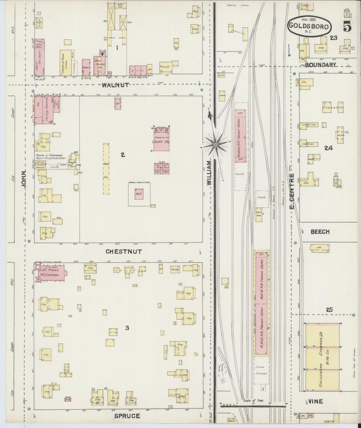 Sanborn Fire Insurance Map from Goldsboro, Wayne County, North Carolina (1891), Sheet #0005 - Historic Sanborn Fire Insurance Map Print, vintage old map wall art, antique decor, genealogy gift, North Carolina North Carolina map