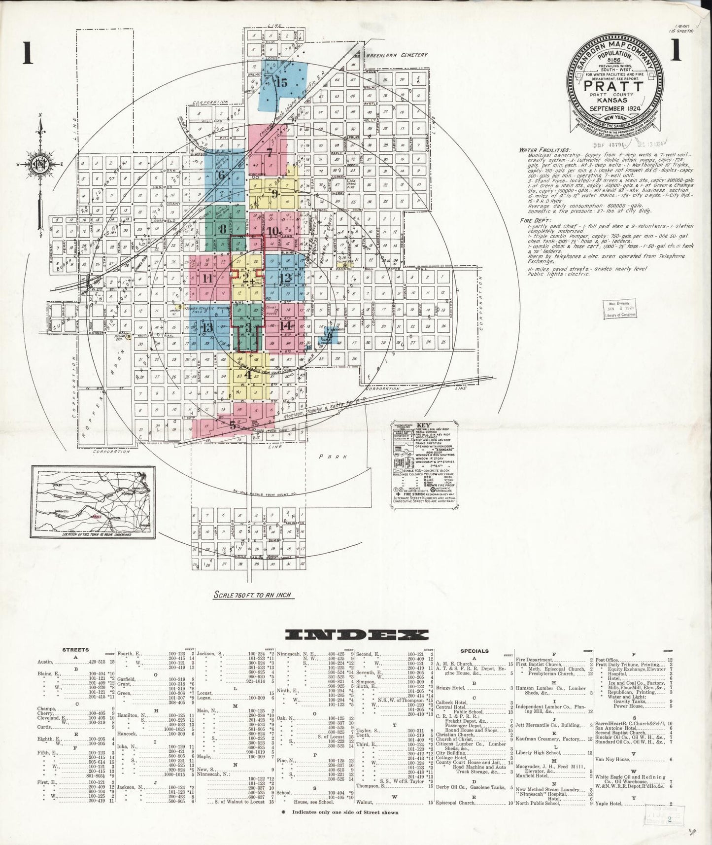 Sanborn Fire Insurance Map from Pratt, Pratt County, Kansas (1924), Sheet #0001 - Historic Sanborn Fire Insurance Map Print, vintage old map wall art, antique decor, genealogy gift, Kansas Kansas map
