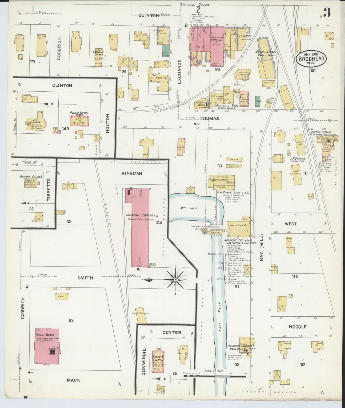 Sanborn Fire Insurance Map from Brodhead, Green County, Wisconsin (1908), Sheet #0003 - Historic Sanborn Fire Insurance Map Print, vintage old map wall art, antique decor, genealogy gift, Wisconsin Wisconsin map