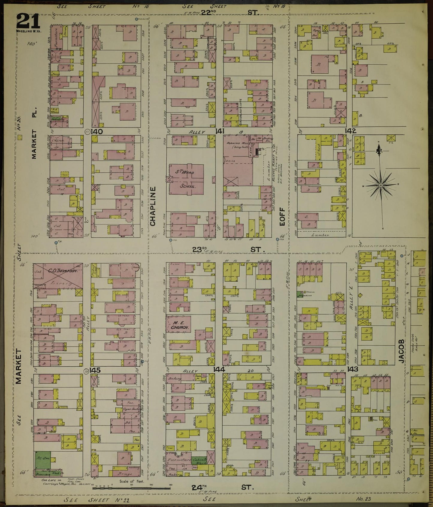 Sanborn Fire Insurance Map from Wheeling, Ohio County, West Virginia (1890), Sheet #0021 - Historic Sanborn Fire Insurance Map Print, vintage old map wall art, antique decor, genealogy gift, West Virginia West Virginia map