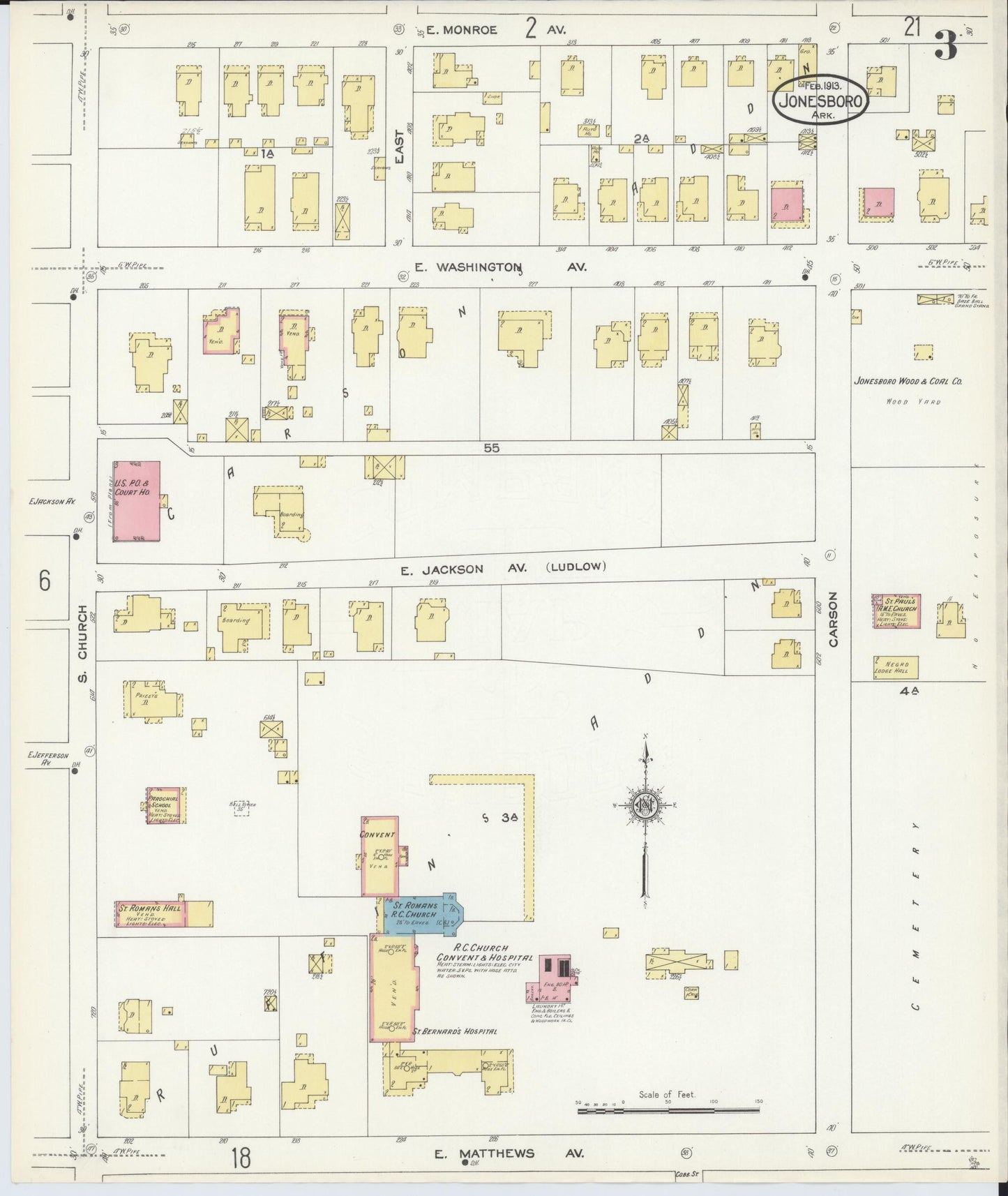 Sanborn Fire Insurance Map from Jonesboro, Craighead County, Arkansas (1913), Sheet #0003 - Historic Sanborn Fire Insurance Map Print, vintage old map wall art, antique decor, genealogy gift, Arkansas Arkansas map