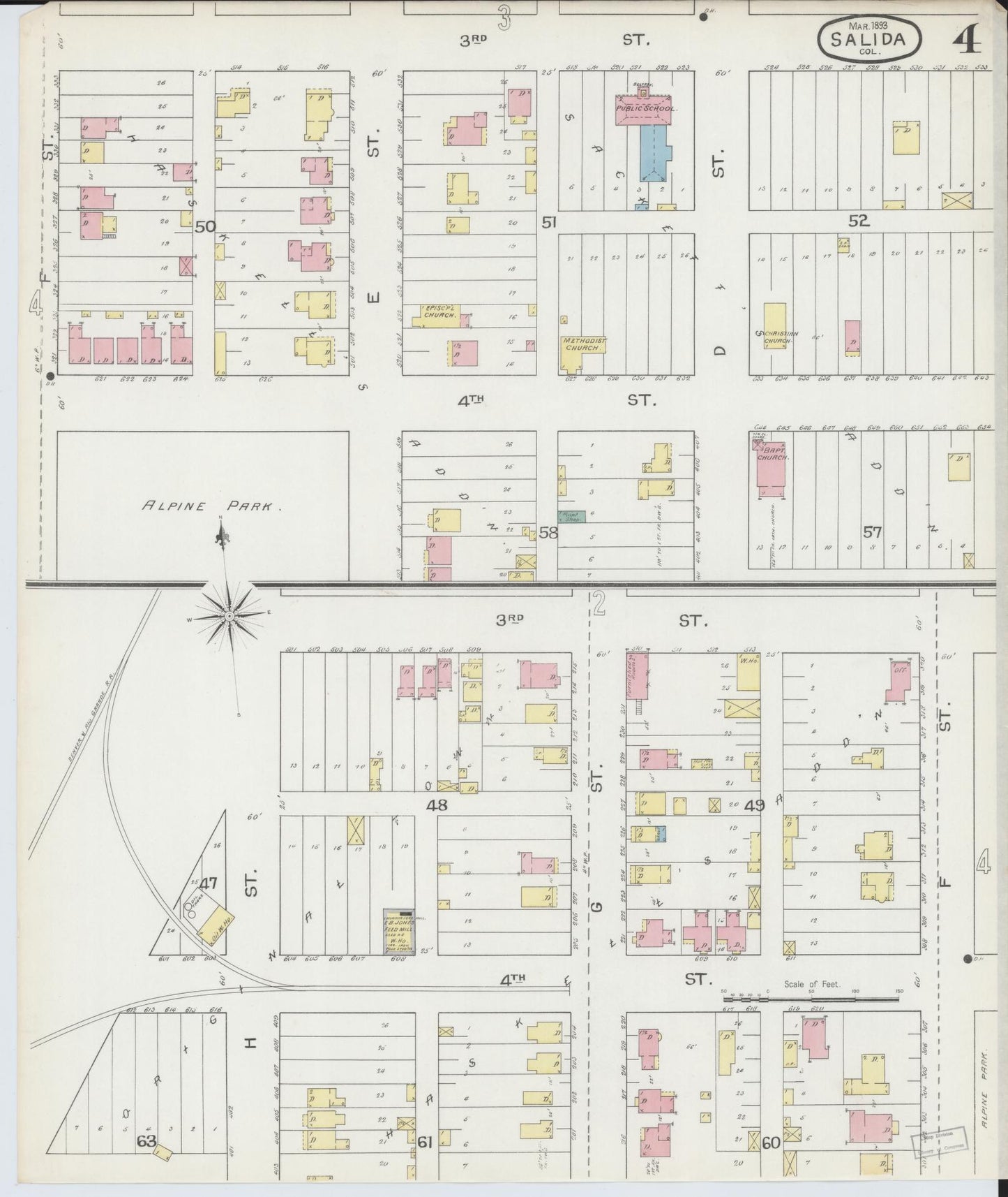 Sanborn Fire Insurance Map from Salida, Chaffee County, Colorado (1893), Sheet #0004 - Historic Sanborn Fire Insurance Map Print, vintage old map wall art, antique decor, genealogy gift, Colorado Colorado map