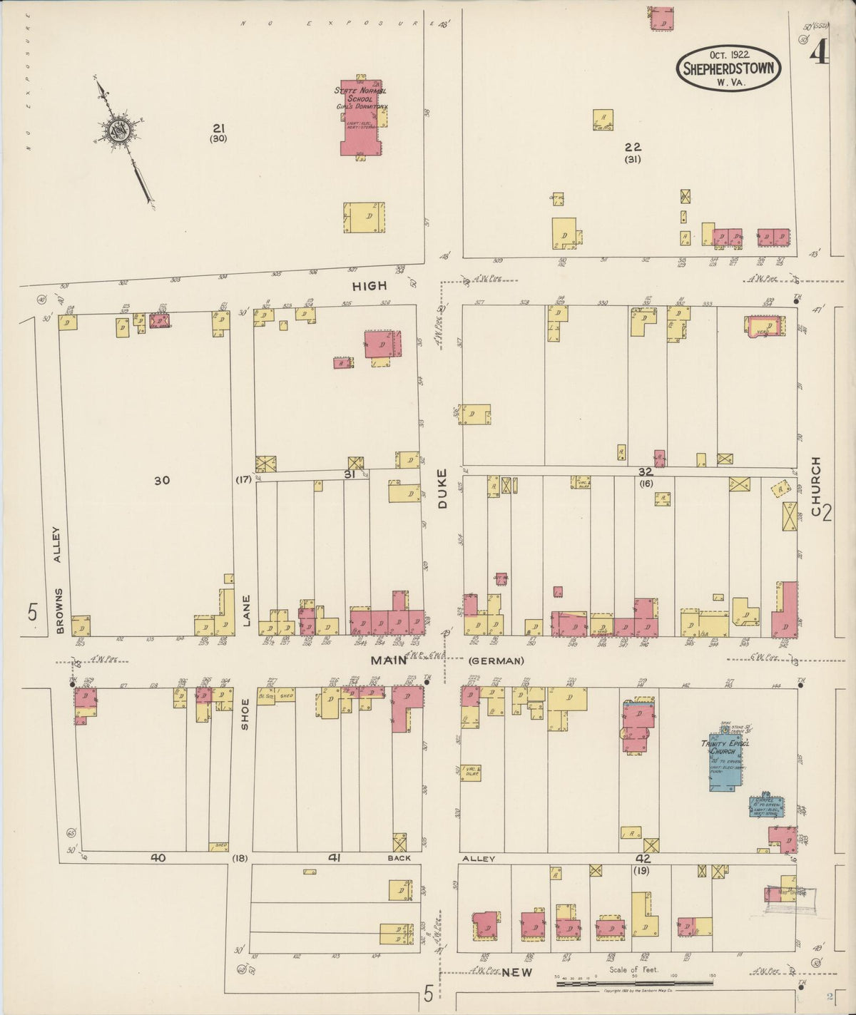 Sanborn Fire Insurance Map from Shepherdstown, Jefferson County, West Virginia (1922), Sheet #0004 - Historic Sanborn Fire Insurance Map Print, vintage old map wall art, antique decor, genealogy gift, West Virginia West Virginia map
