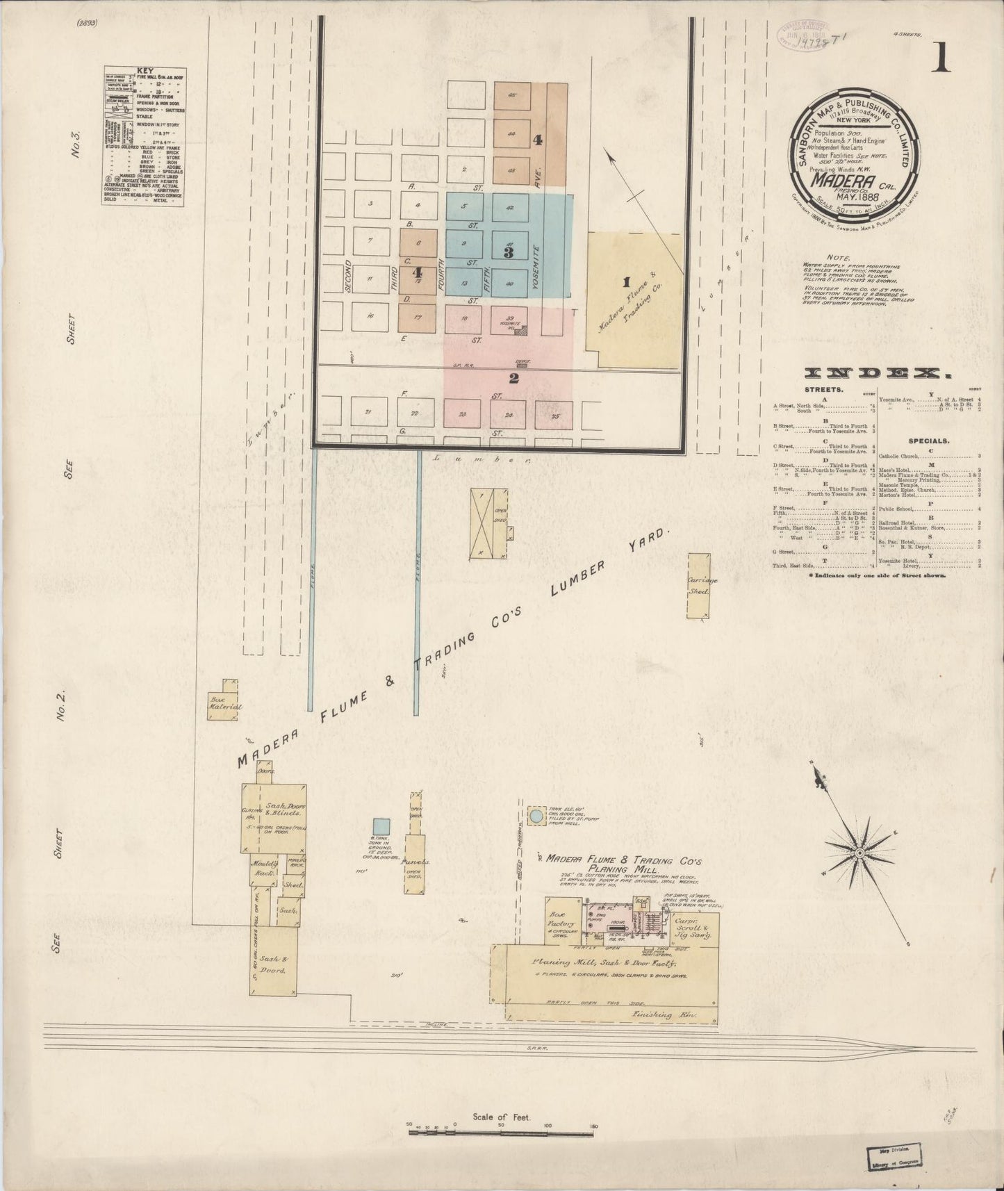 Sanborn Fire Insurance Map from Madera, Madera County, California (1888), Sheet #0001 - Historic Sanborn Fire Insurance Map Print, vintage old map wall art, antique decor, genealogy gift, California California map