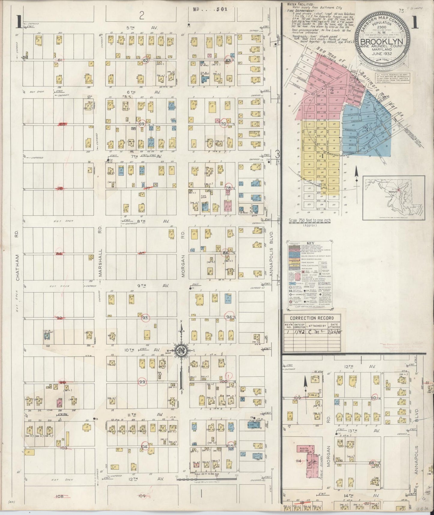 Sanborn Fire Insurance Map from Brooklyn, Anne Arundel County, Maryland (1942), Sheet #0001 - Historic Sanborn Fire Insurance Map Print, vintage old map wall art, antique decor, genealogy gift, Maryland Maryland map