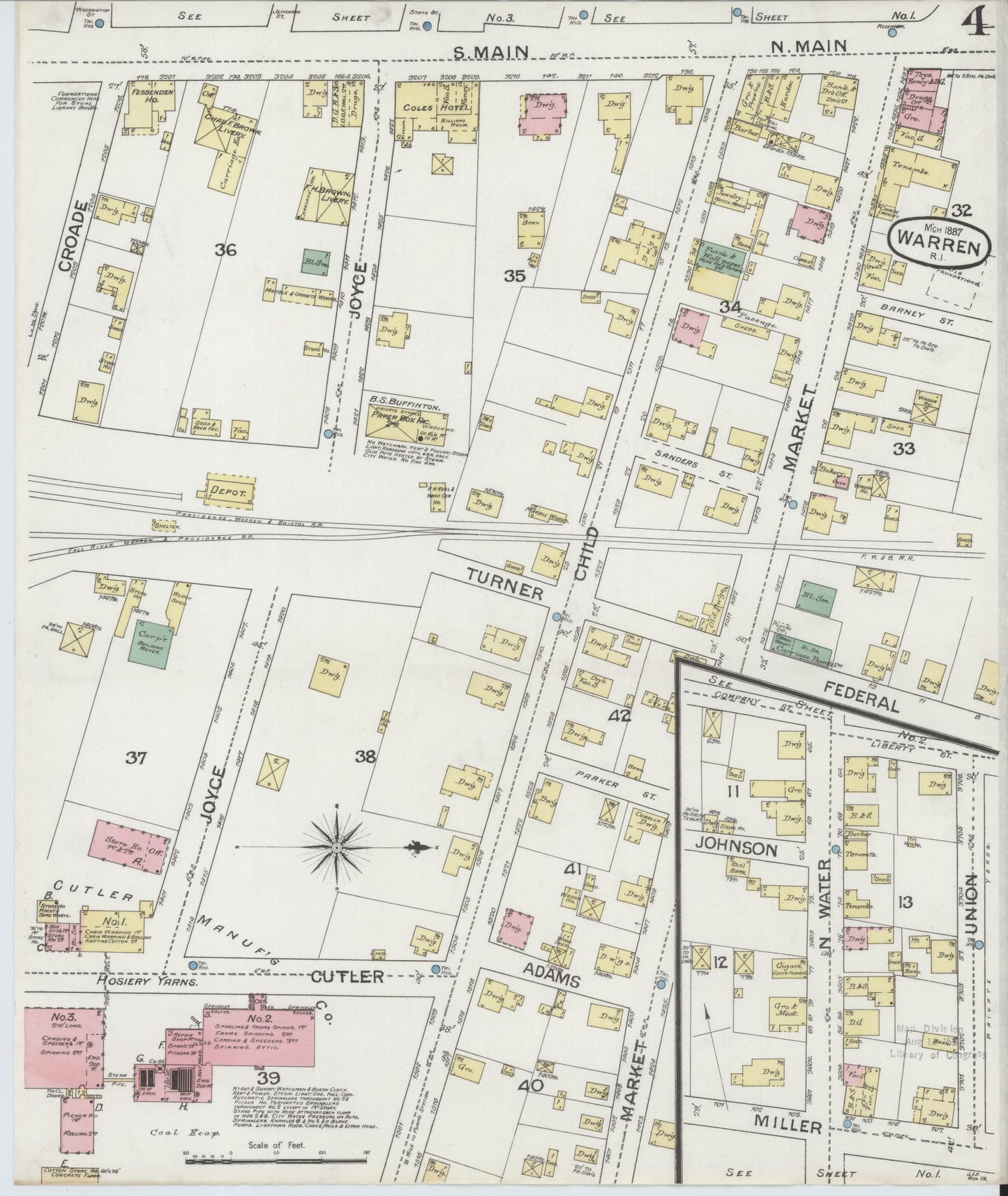 Sanborn Fire Insurance Map from Warren, Bristol County, Rhode Island (1887), Sheet #0004 - Complete Map Set gallery image, historic Sanborn map, vintage wall art, Rhode Island Rhode Island