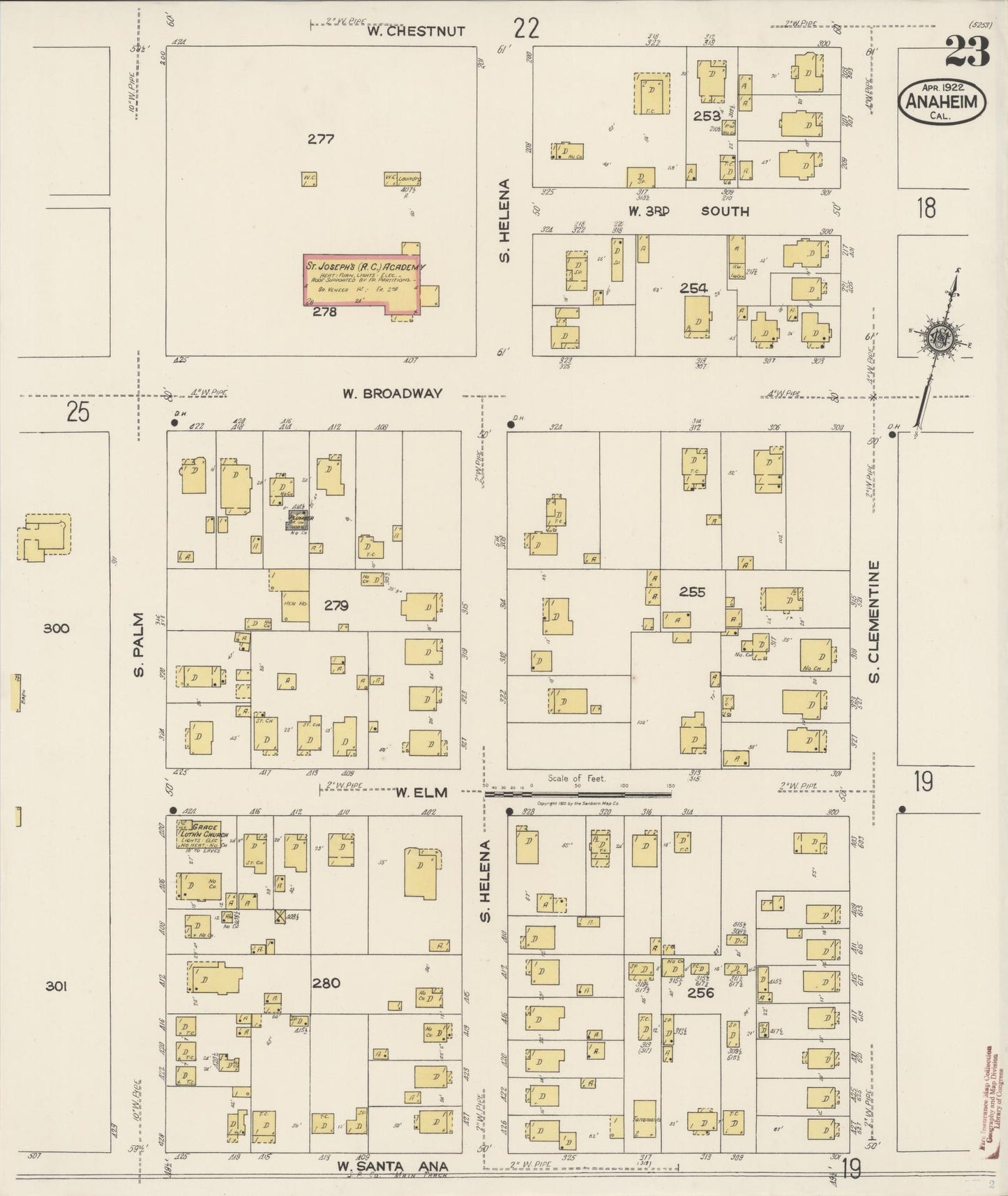 Sanborn Fire Insurance Map from Anaheim, Orange County, California (1922), Sheet #0023 - Historic Sanborn Fire Insurance Map Print, vintage old map wall art, antique decor, genealogy gift, California California map