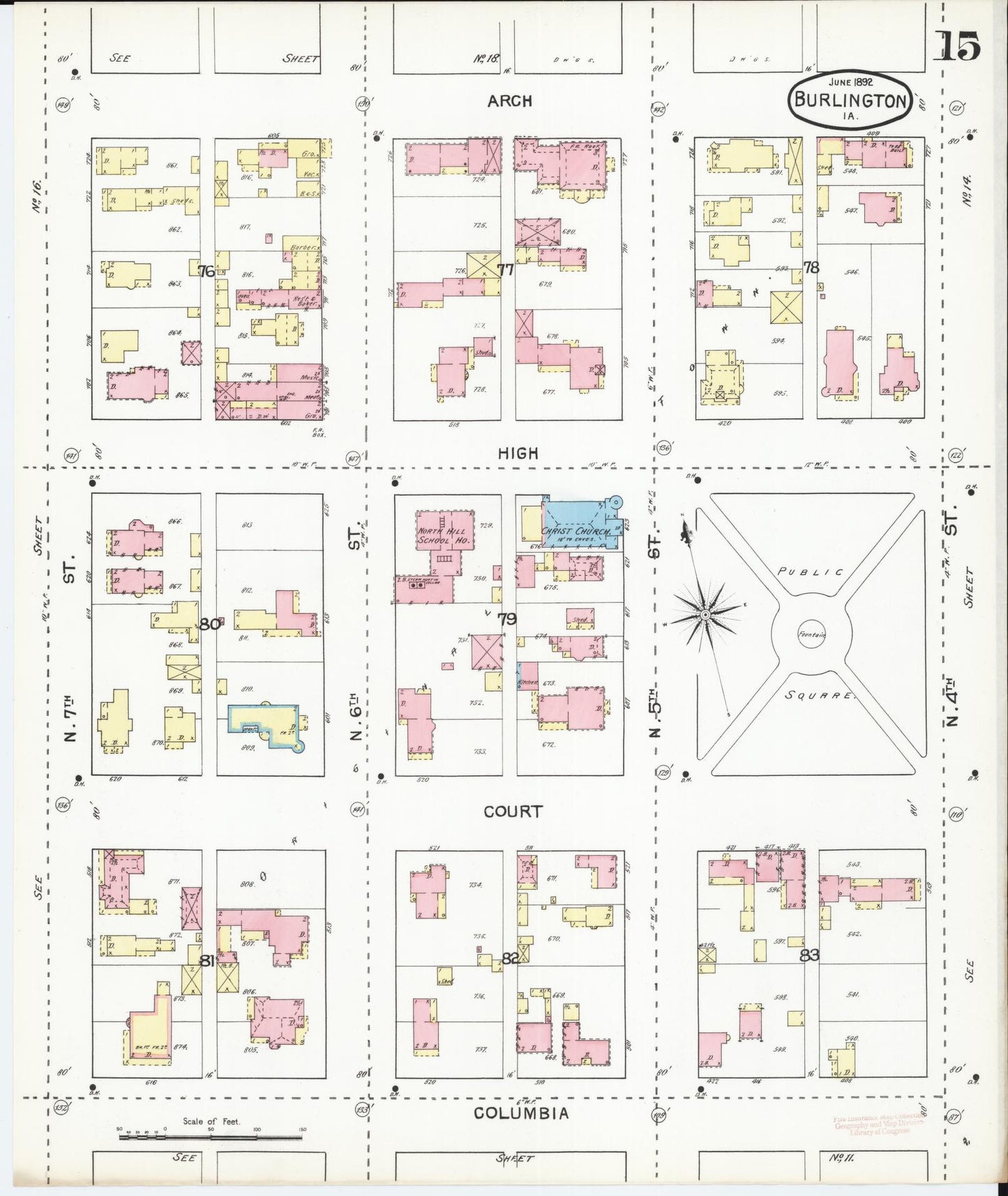 Sanborn Fire Insurance Map from Burlington, Des Moines County, Iowa (1892), Sheet #0015 - Historic Sanborn Fire Insurance Map Print, vintage old map wall art
