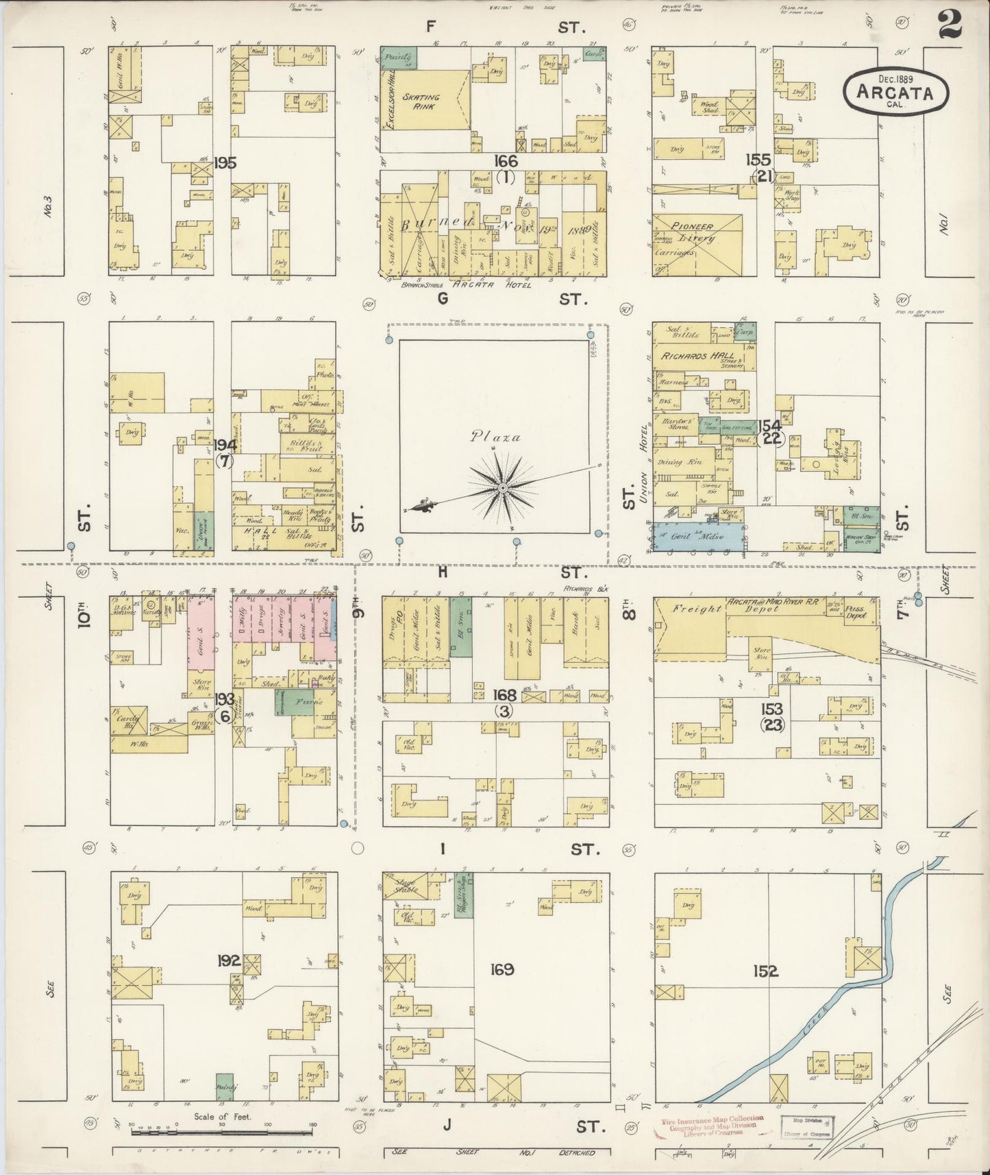 Sanborn Fire Insurance Map from Arcata, Humboldt County, California (1889), Sheet #0002 - Historic Sanborn Fire Insurance Map Print, vintage old map wall art, antique decor, genealogy gift, California California map